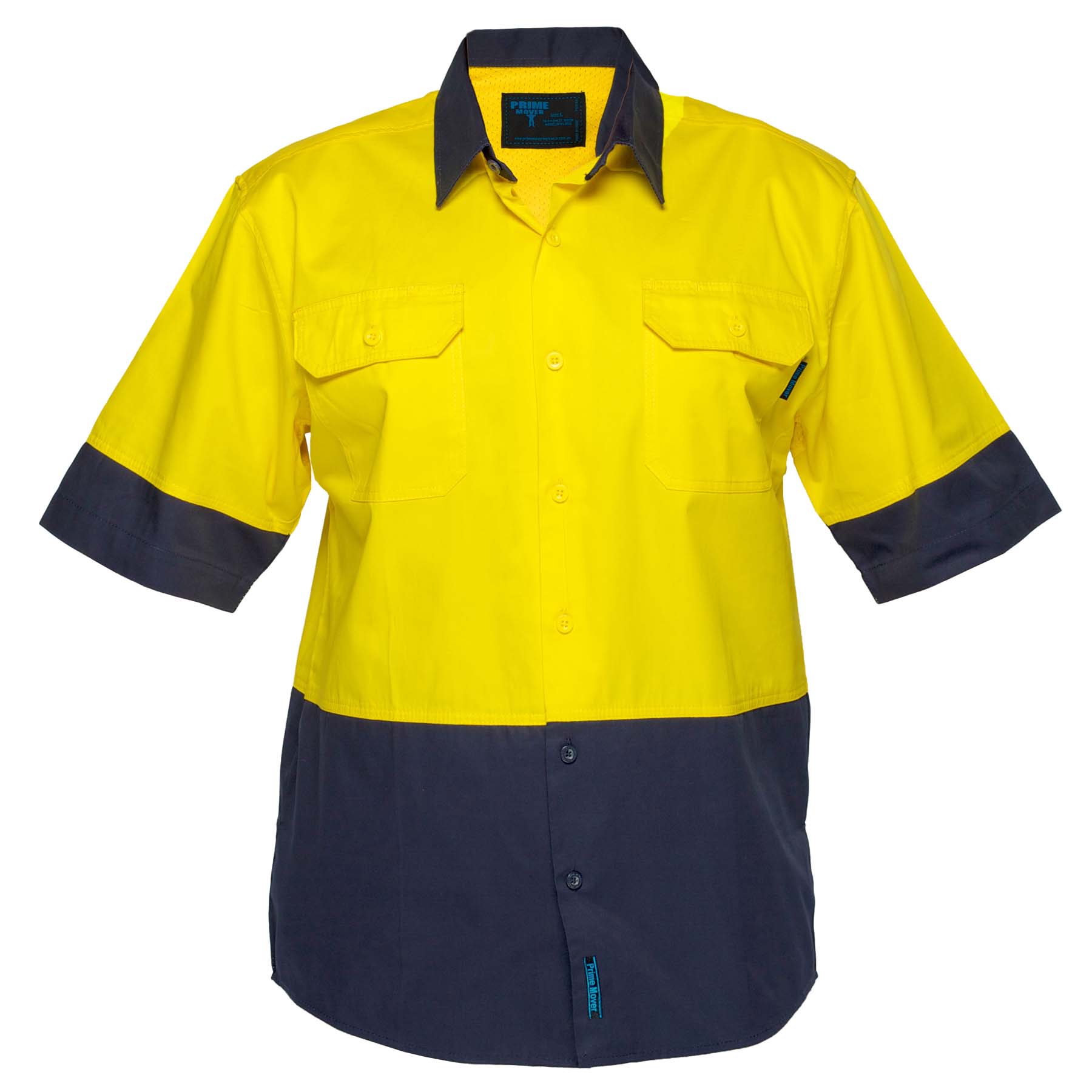 Portwest Unisex Lightweight Short Sleeve Hi Vis Shirt MS802 (155 gsm Cotton Drill) (Yellow/Navy)