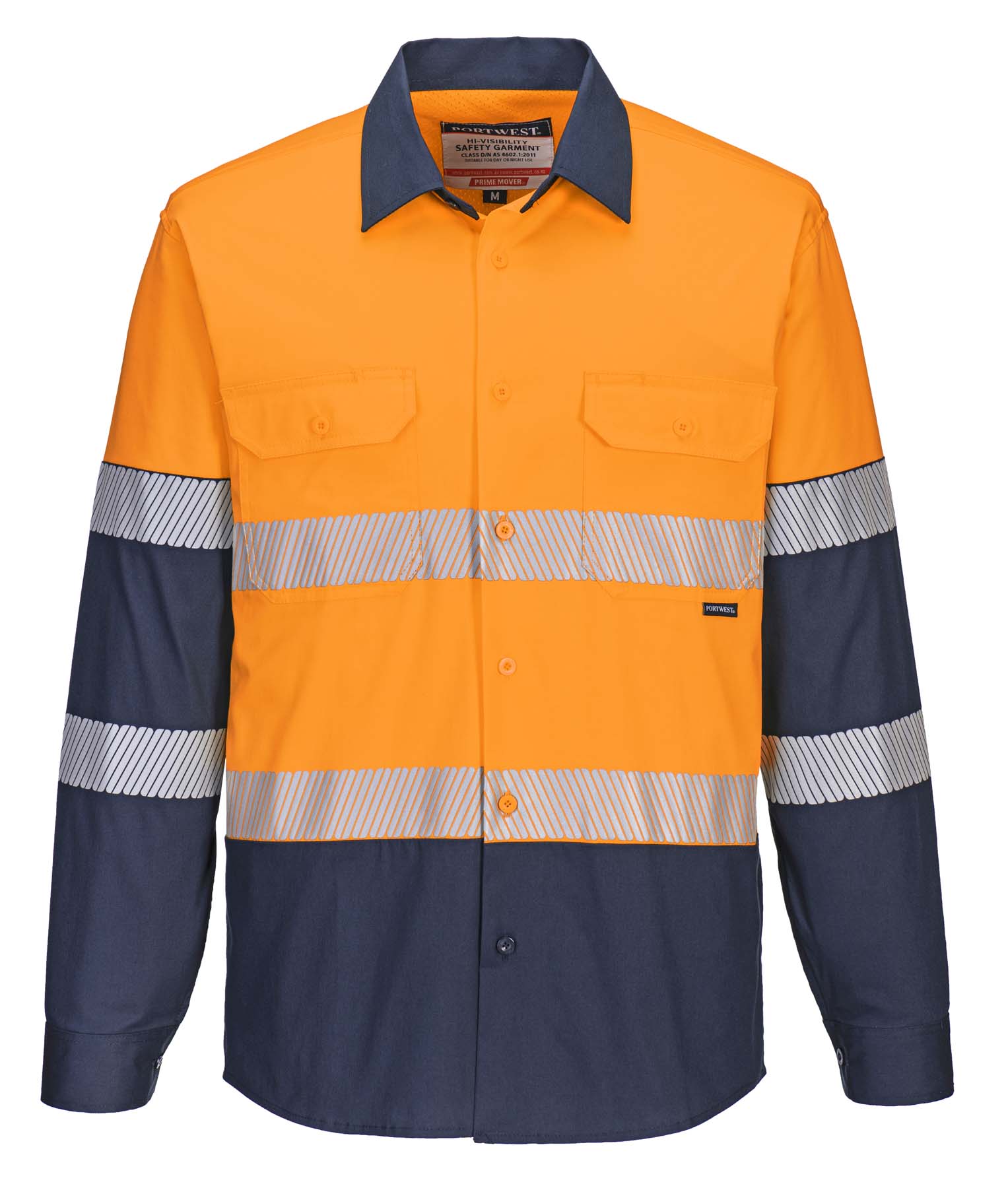 Portwest Unisex Stretch Lightweight Reflective Taped Long Sleeve Hi Vis Shirt MS105 (145 gsm Cotton) (Orange/Navy)