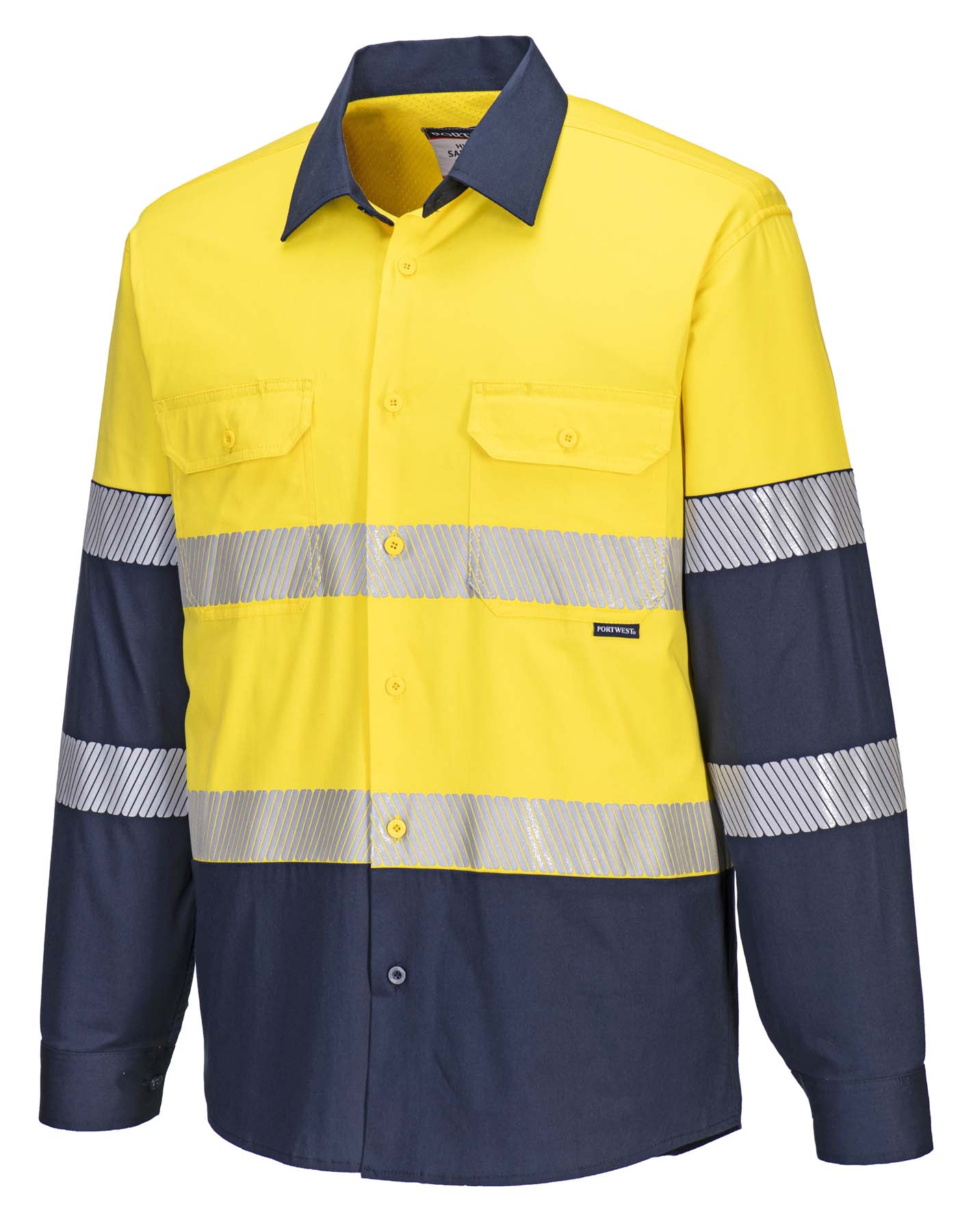 Portwest Unisex Stretch Lightweight Reflective Taped Long Sleeve Hi Vis Shirt MS105 (145 gsm Cotton) (Yellow/Navy)
