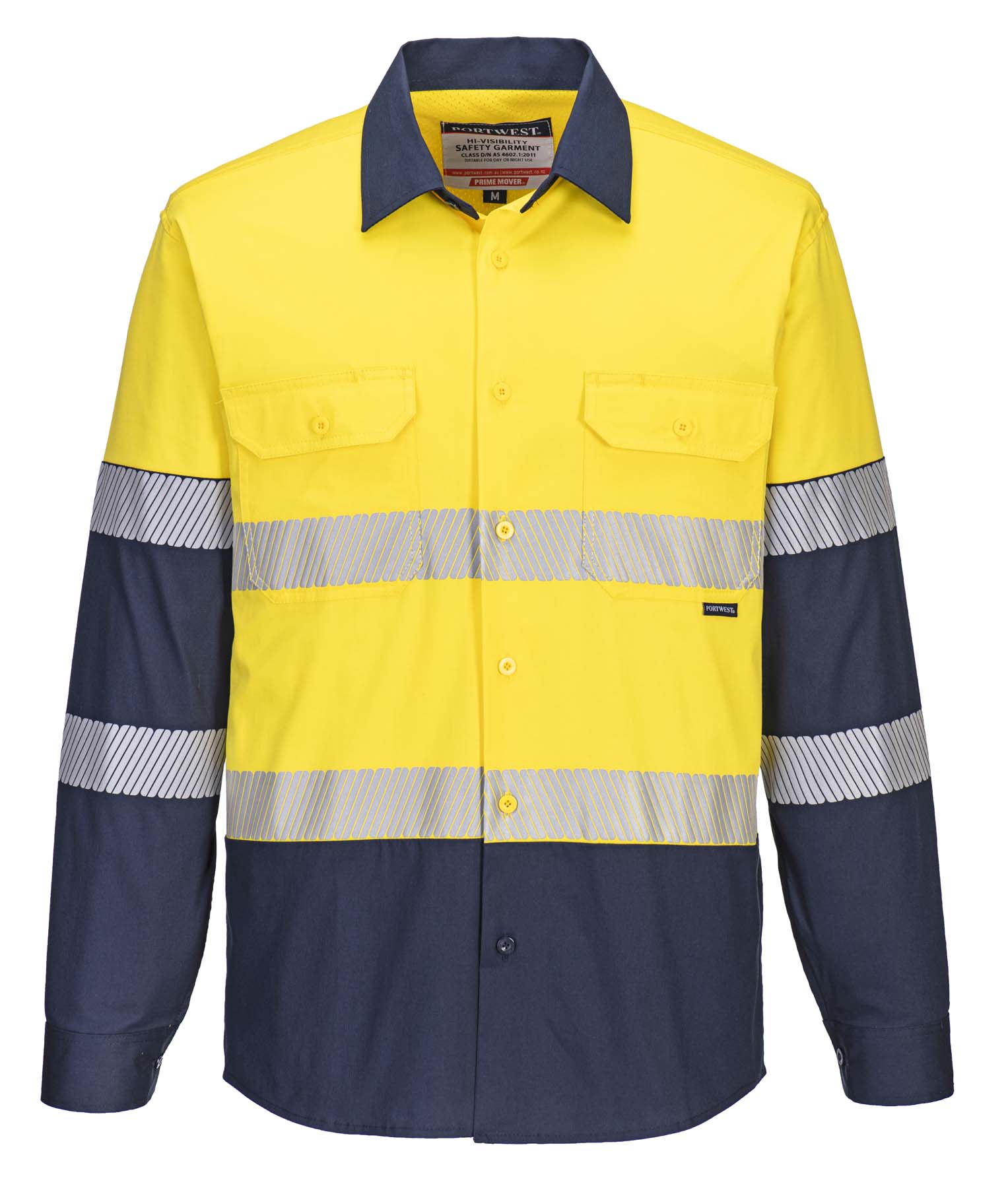 Portwest Unisex Stretch Lightweight Reflective Taped Long Sleeve Hi Vis Shirt MS105 (145 gsm Cotton) (Yellow/Navy)