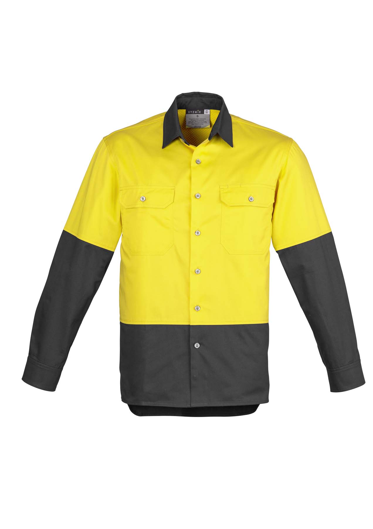 Syzmik Men's Industrial Long Sleeve Hi Vis Shirt ZW122 (170 gsm Cotton Twill) (Yellow/Charcoal)