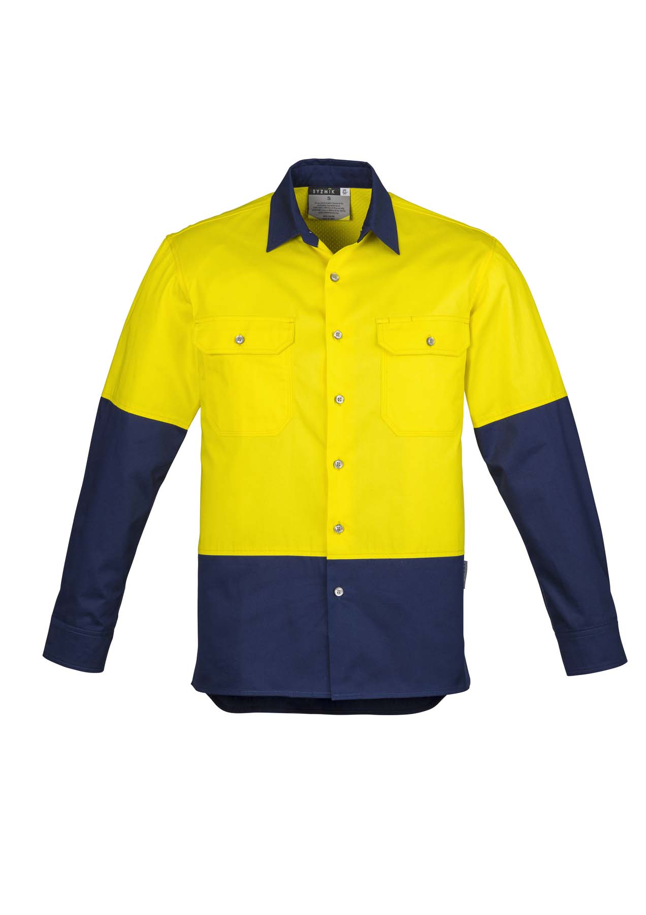 Syzmik Men's Industrial Long Sleeve Hi Vis Shirt ZW122 (170 gsm Cotton Twill) (Yellow/Navy)