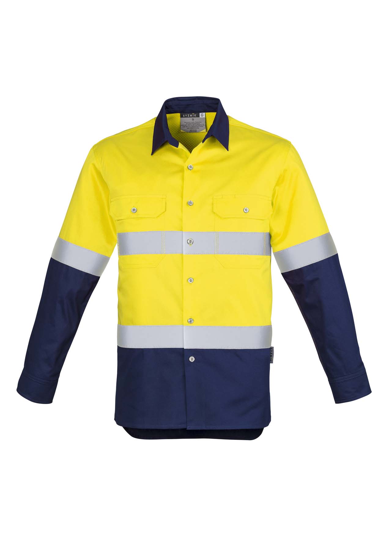 Syzmik Men's Industrial Reflective Taped Long Sleeve Hi Vis Shirt ZW123 (170 gsm Cotton Twill) (Yellow/Navy)