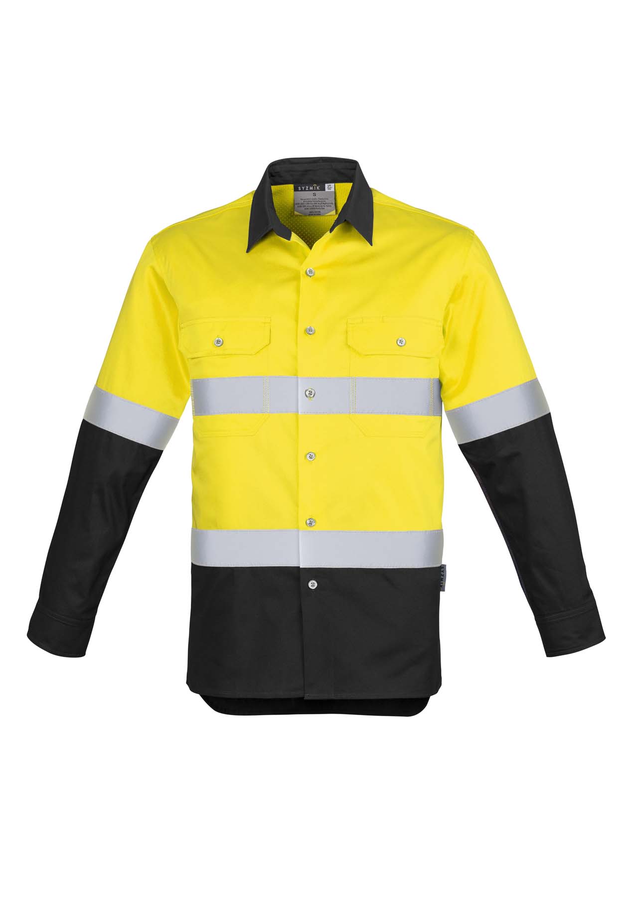 Syzmik Men's Industrial Reflective Taped Long Sleeve Hi Vis Shirt ZW123 (170 gsm Cotton Twill) (Yellow/Black)