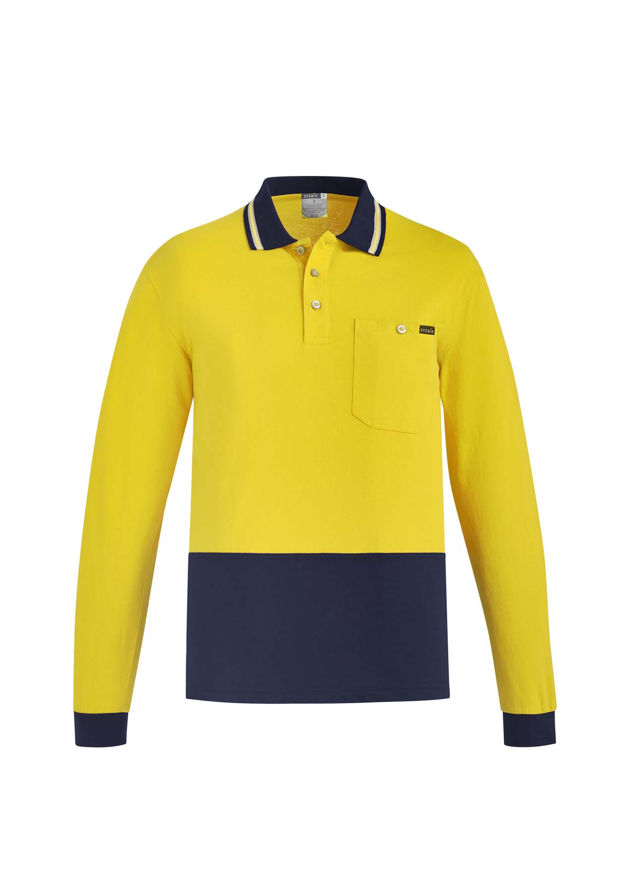 Syzmik Men's Long Sleeve Hi Vis Polo Shirt ZH430 (180 gsm Cotton) (Yellow/Navy)