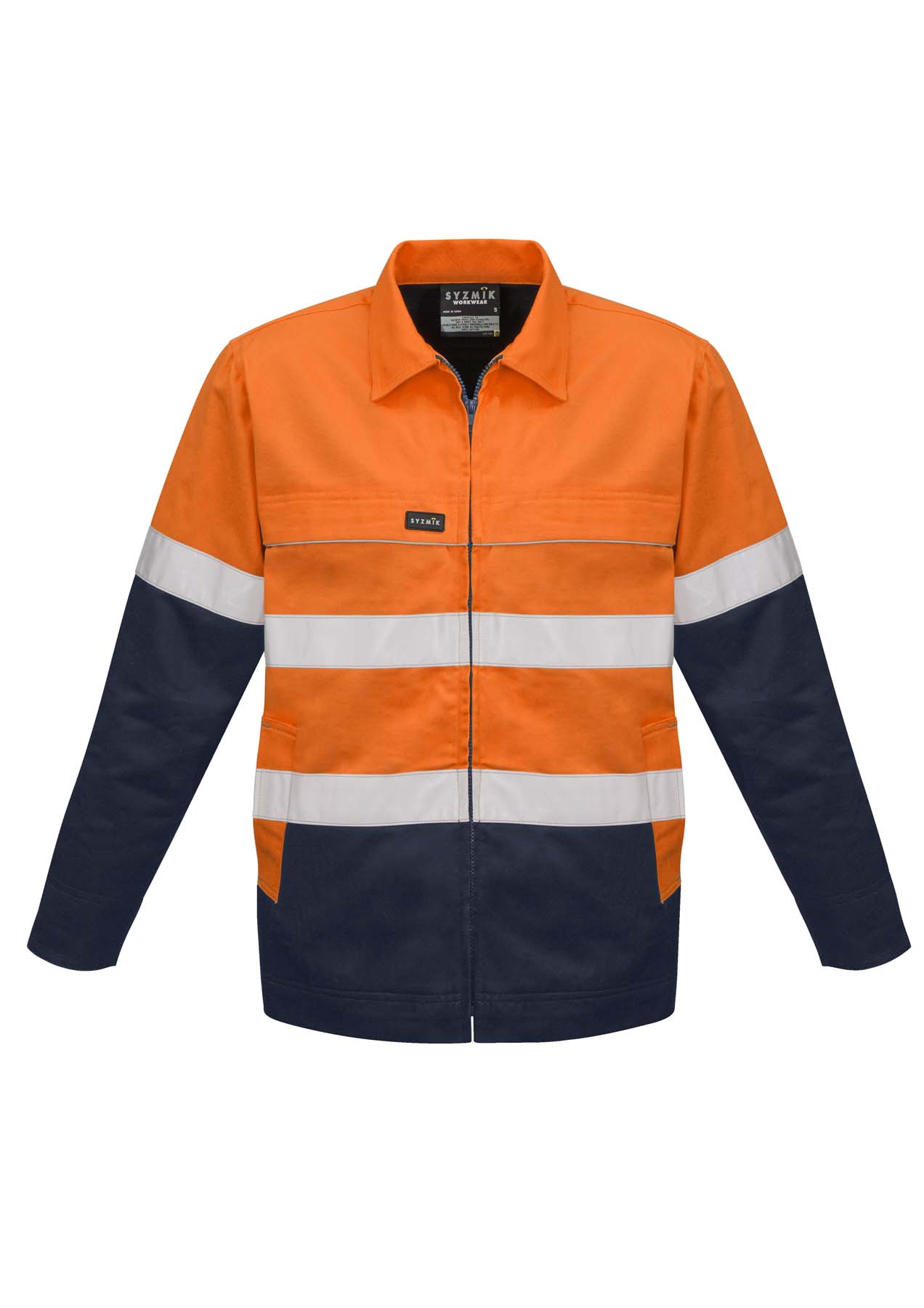 Syzmik Men's Reflective Taped Hi Vis Cotton Drill Jacket ZJ590 (310 gsm Cotton Drill) (Orange/Navy)