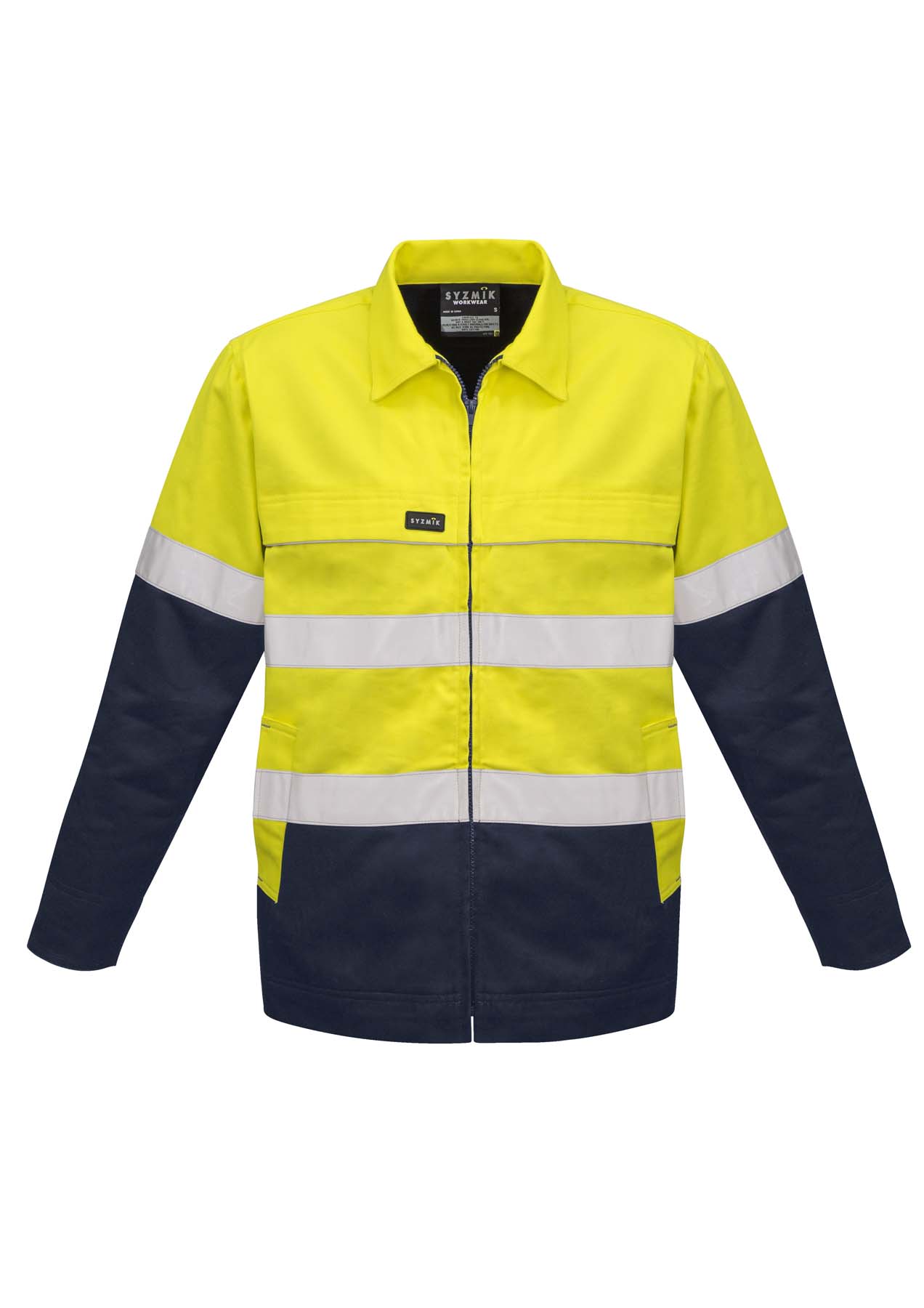 Syzmik Men's Reflective Taped Hi Vis Cotton Drill Jacket ZJ590 (310 gsm Cotton Drill) (Yellow/Navy)