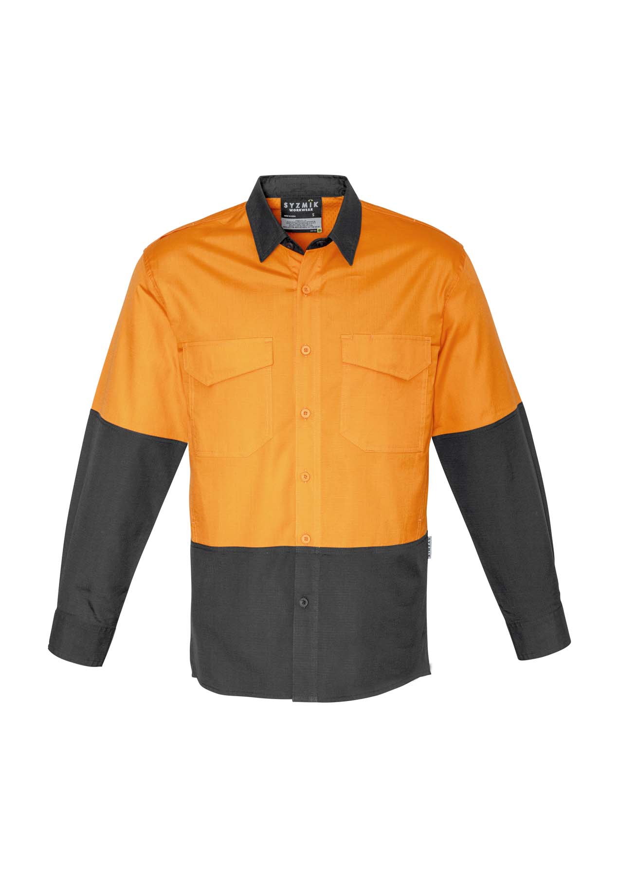 Syzmik Men's Rugged Cooling Long Sleeve Hi Vis Shirt ZW128 (145 gsm Cotton Ripstop) (Orange/Charcoal)