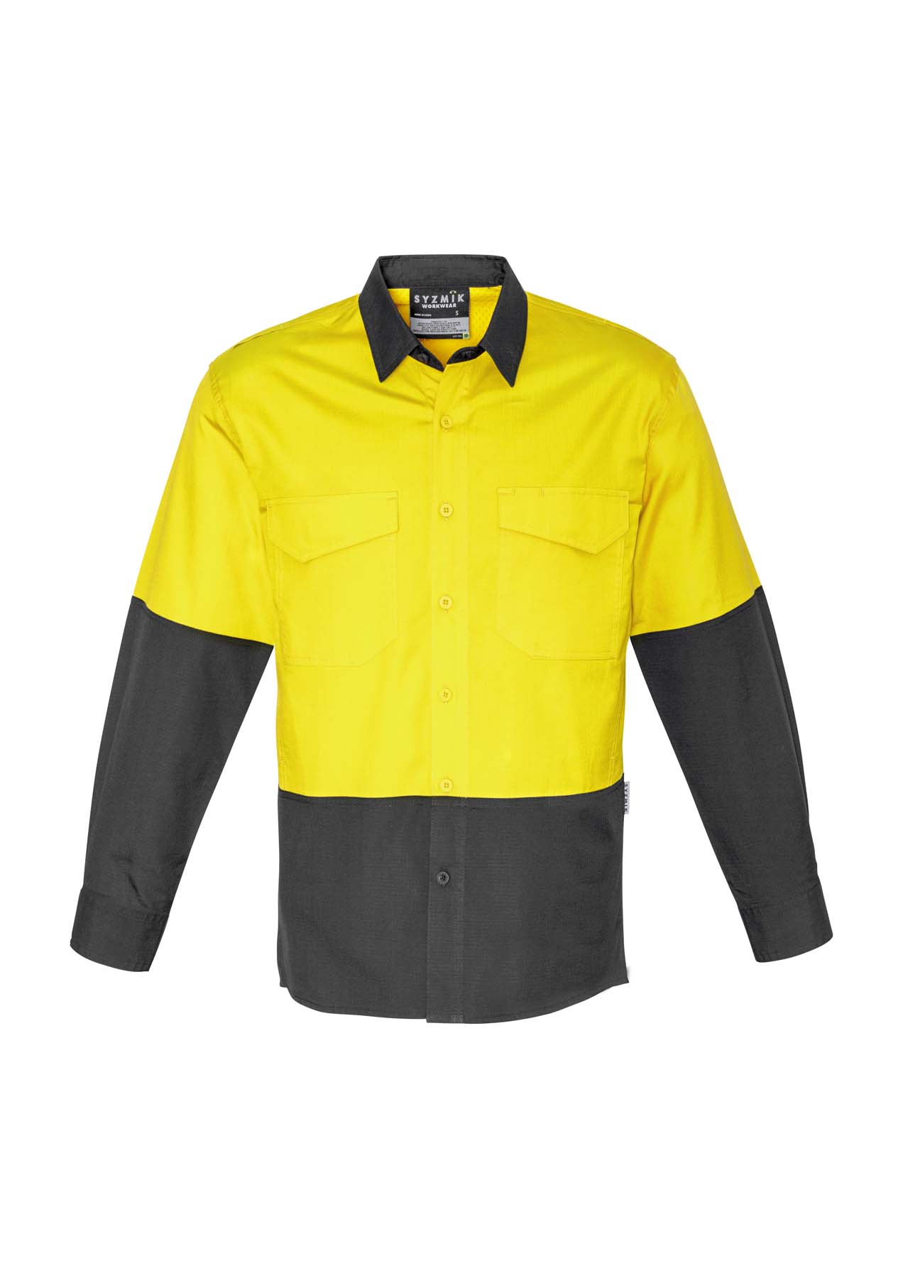 Syzmik Men's Rugged Cooling Long Sleeve Hi Vis Shirt ZW128 (145 gsm Cotton Ripstop) (Yellow/Charcoal)