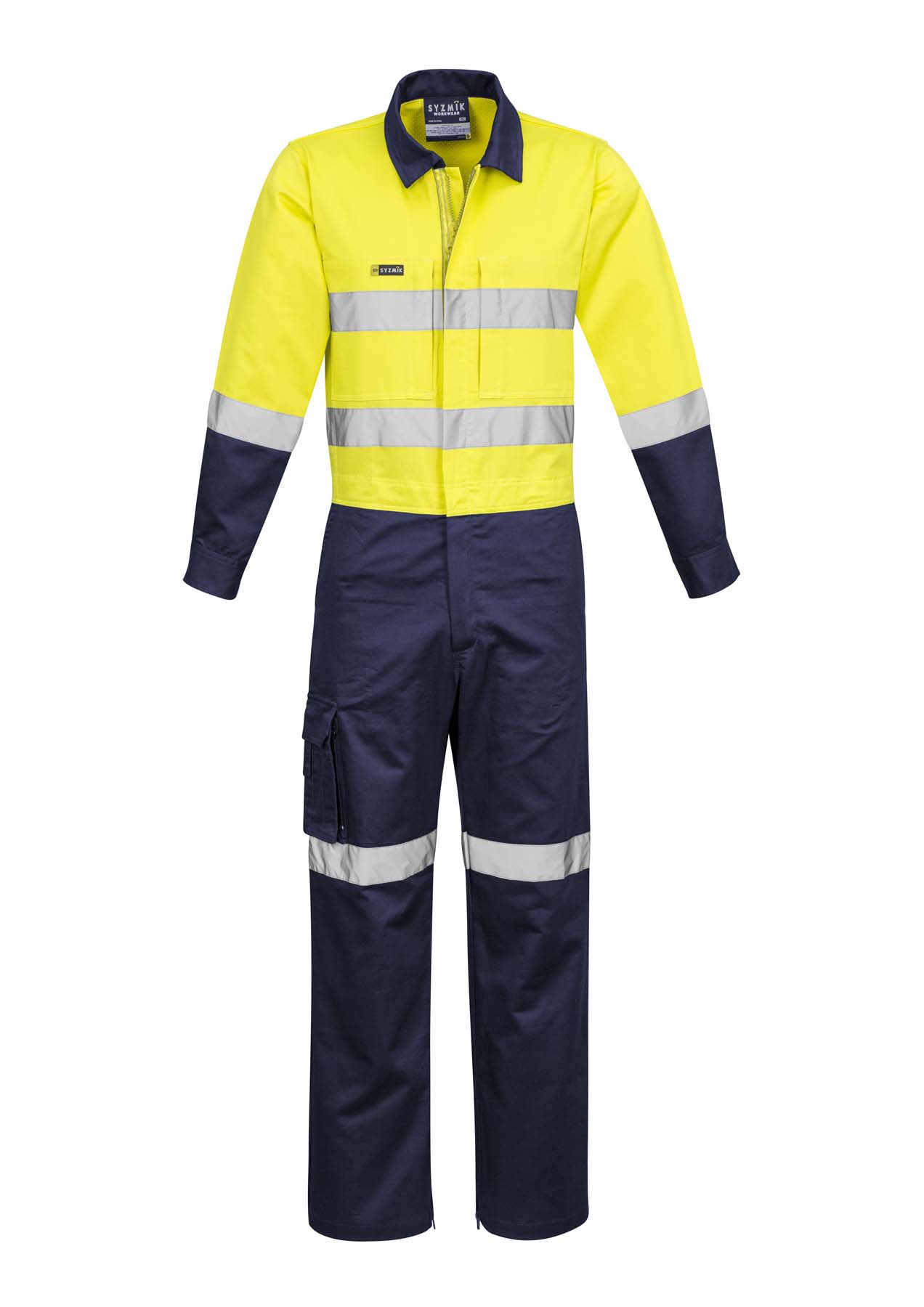 Syzmik Men's Rugged Cooling Reflective Taped Hi Vis Overalls ZC804 (240 gsm Cotton Ripstop) (Yellow/Navy)