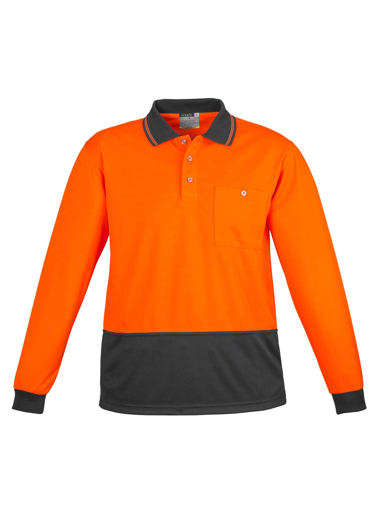 Syzmik Unisex Basic Long Sleeve Hi Vis Polo Shirt ZH232 (175 gsm Polyester) (Orange/Charcoal)