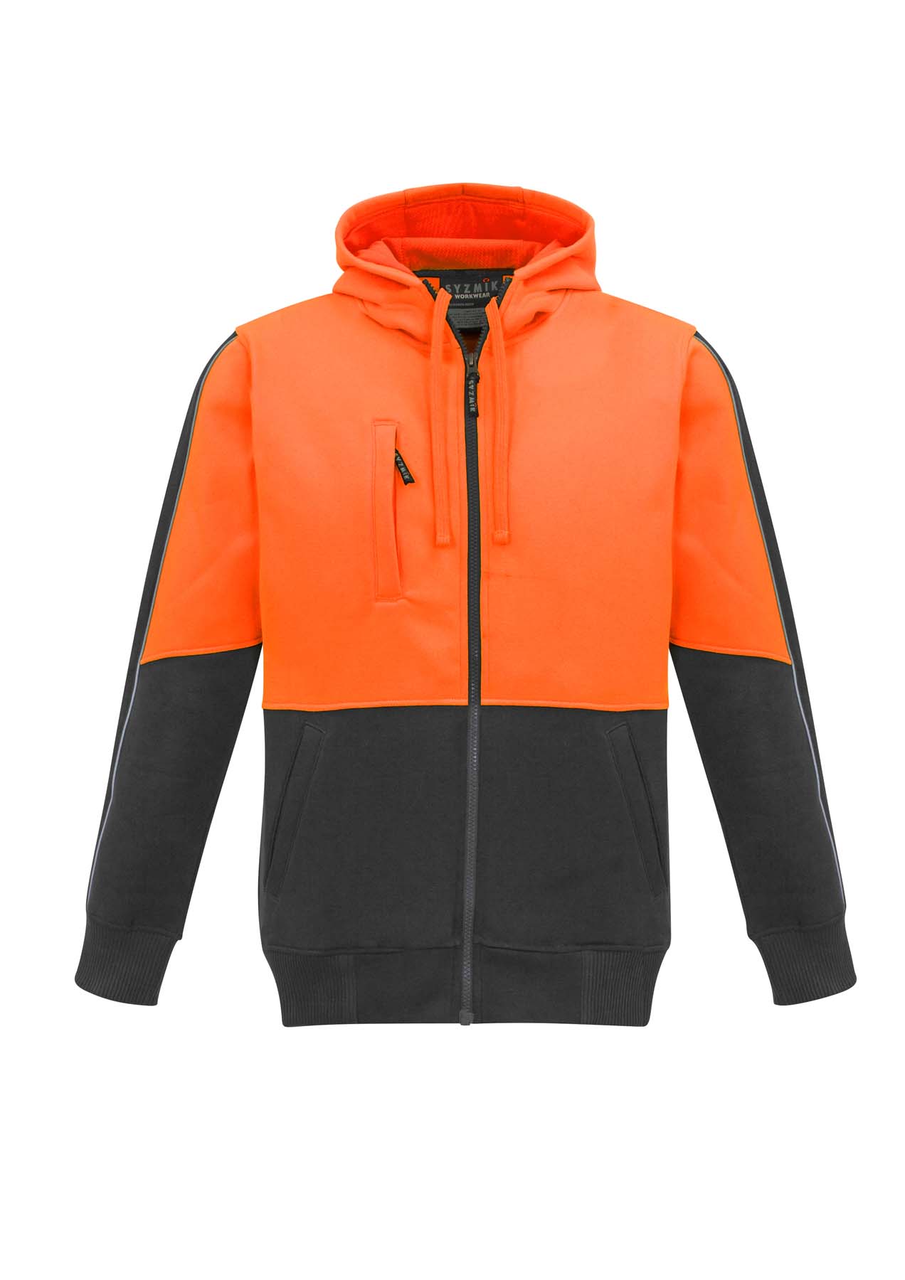 Syzmik Unisex Full Zip Hi Vis Hoodie ZT485 (320 gsm Polyester Fleece) (Orange/Charcoal)