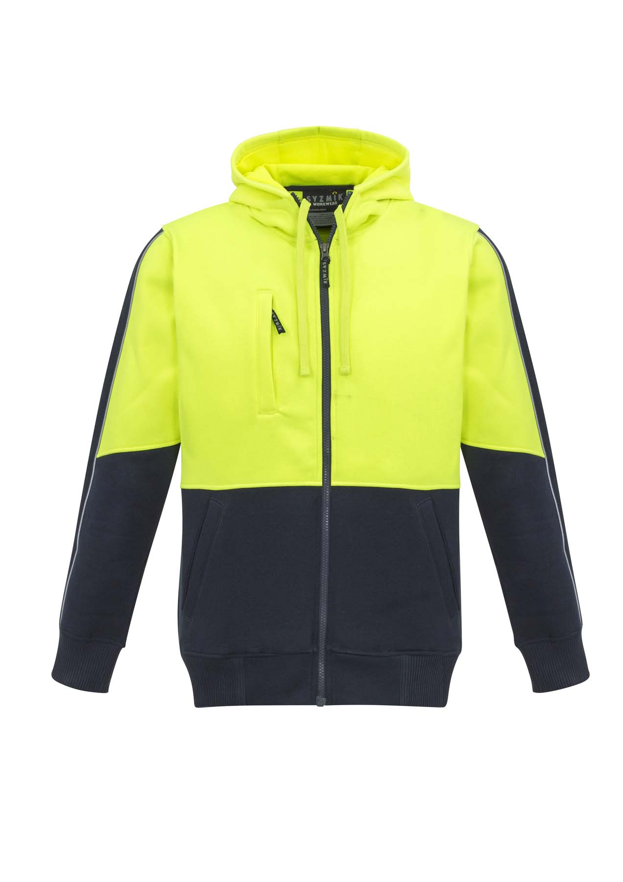 Syzmik Unisex Full Zip Hi Vis Hoodie ZT485 (320 gsm Polyester Fleece) (Yellow/Navy)