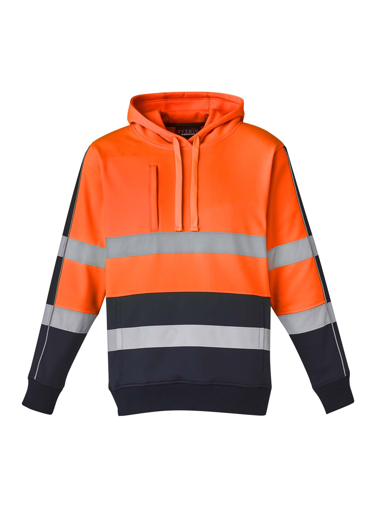 Syzmik Unisex Stretch Reflective Taped Hi Vis Hoodie ZT483 (320 gsm Polyester) (Orange/Navy)