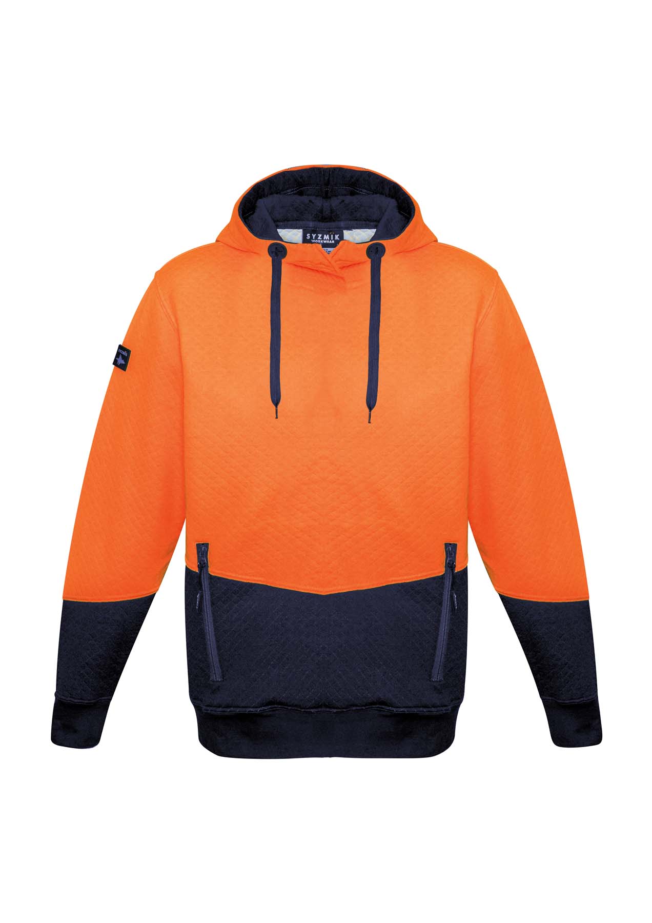 Syzmik Unisex Textured Jacquard Hi Vis Hoodie ZT477 (300 gsm Cotton / Polyester) (Orange/Navy)