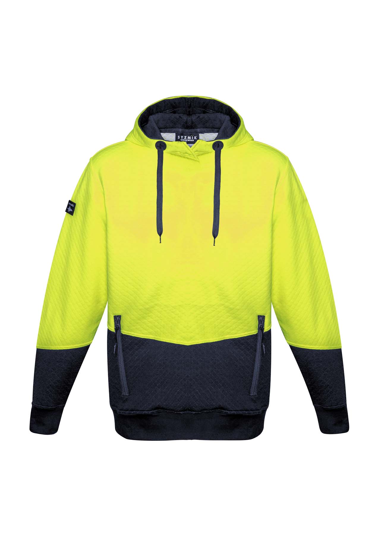 Syzmik Unisex Textured Jacquard Hi Vis Hoodie ZT477 (300 gsm Cotton / Polyester) (Yellow/Navy)