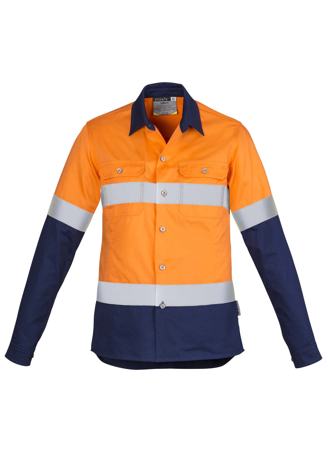 Syzmik Women's Industrial Reflective Taped Long Sleeve Hi Vis Shirt ZWL123 (170 gsm Cotton Twill) (Orange/Navy)