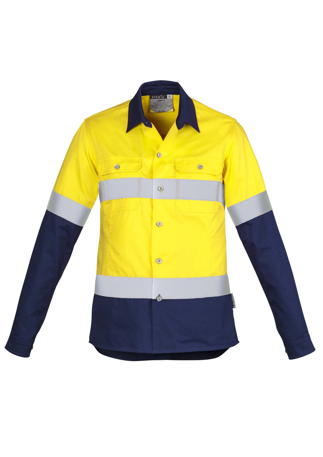 Syzmik Women's Industrial Reflective Taped Long Sleeve Hi Vis Shirt ZWL123 (170 gsm Cotton Twill) (Yellow/Navy)