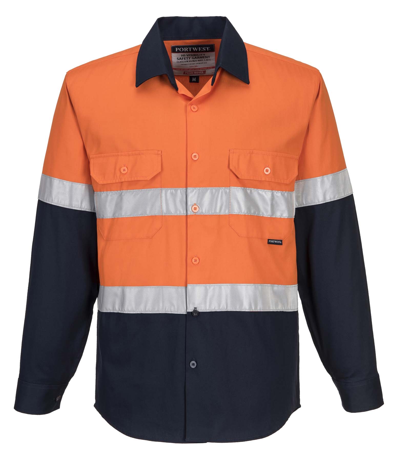 Portwest Unisex Lightweight Reflective Taped Long Sleeve Hi Vis Shirt MA803 (155 gsm Cotton Drill) (Orange/Navy)