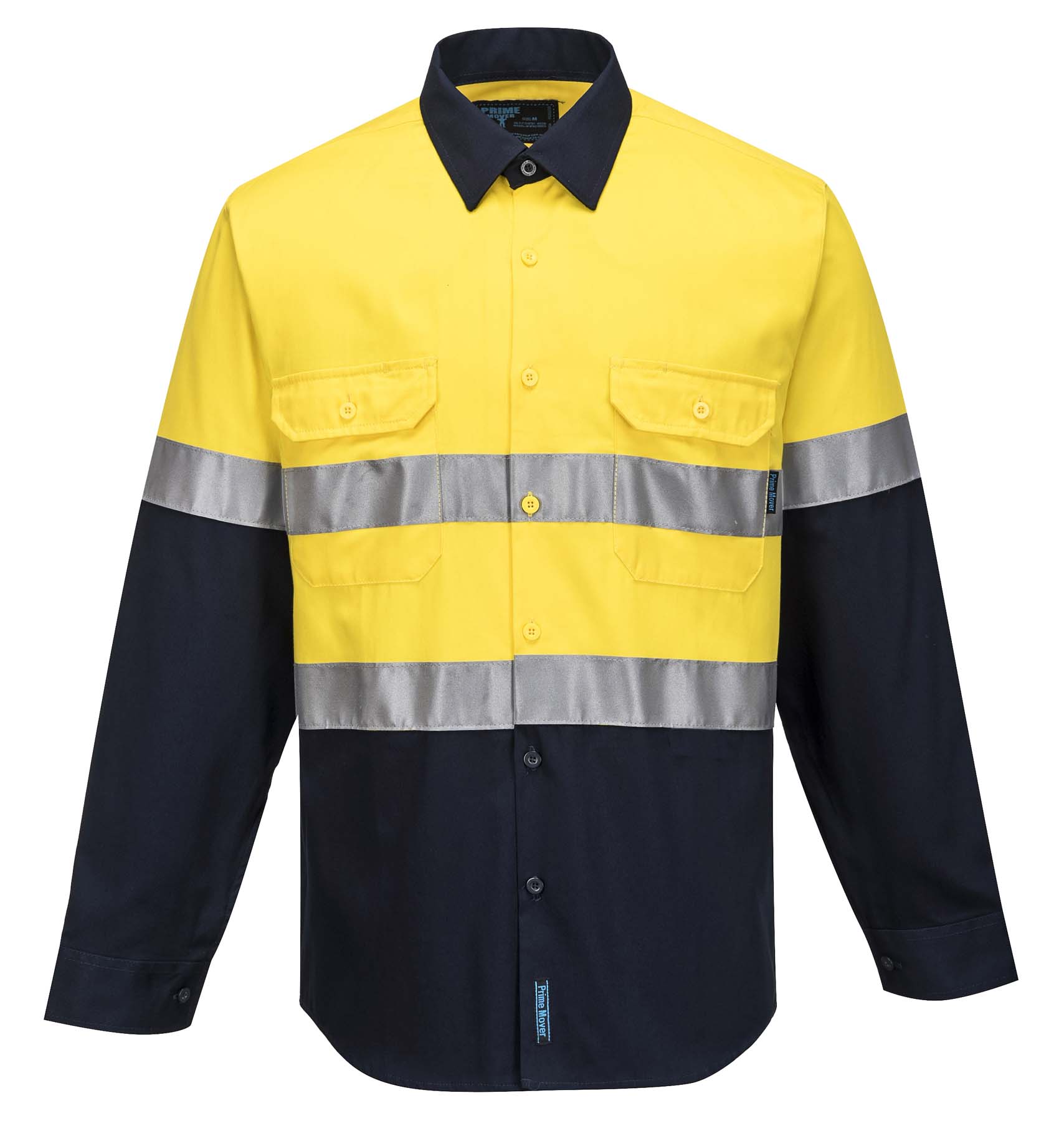 Portwest Unisex Lightweight Reflective Taped Long Sleeve Hi Vis Shirt MA803 (155 gsm Cotton Drill) (Yellow/Navy)