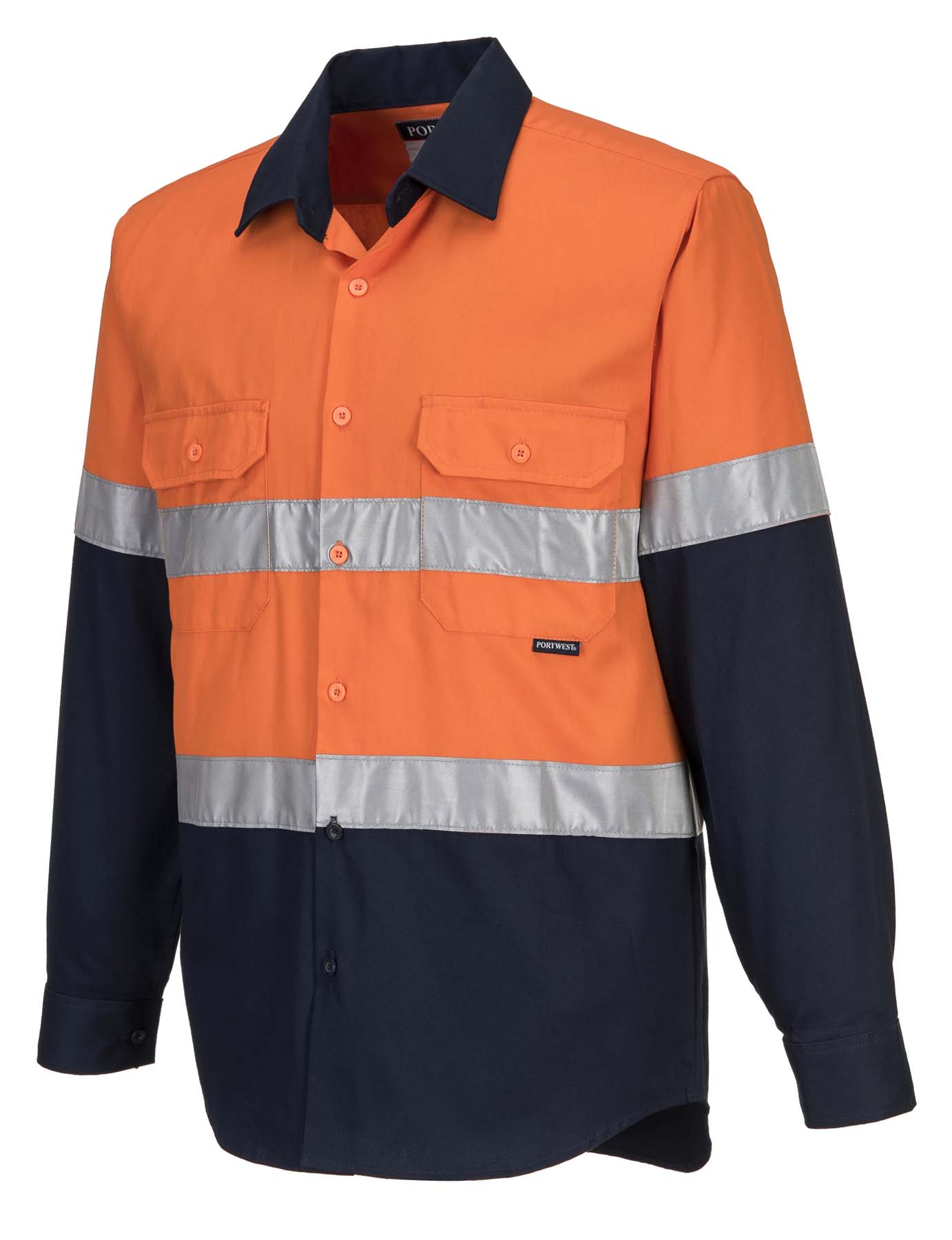 Portwest Unisex Reflective Taped Long Sleeve Hi Vis Shirt MA101 (185 gsm Cotton Drill) (Orange/Navy)