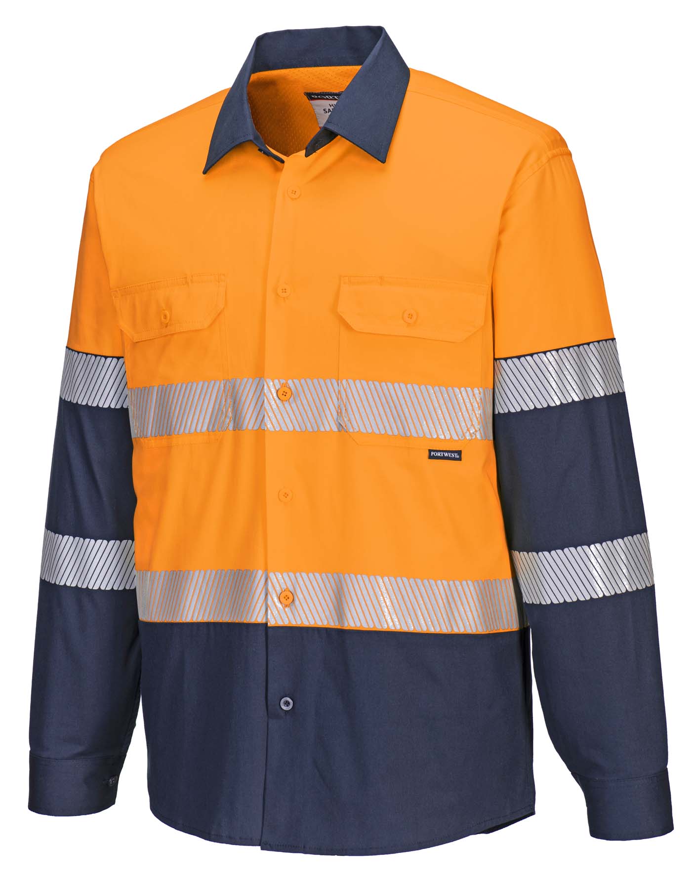 Portwest Unisex Stretch Lightweight Reflective Taped Long Sleeve Hi Vis Shirt MS105 (145 gsm Cotton) (Orange/Navy)