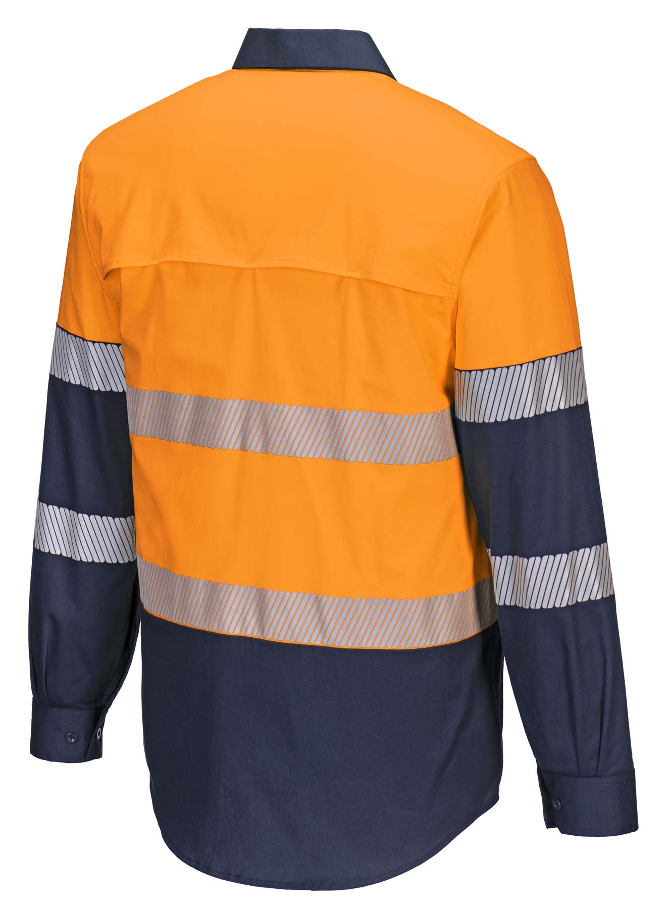 Portwest Unisex Stretch Lightweight Reflective Taped Long Sleeve Hi Vis Shirt MS105 (145 gsm Cotton) (Orange/Navy)