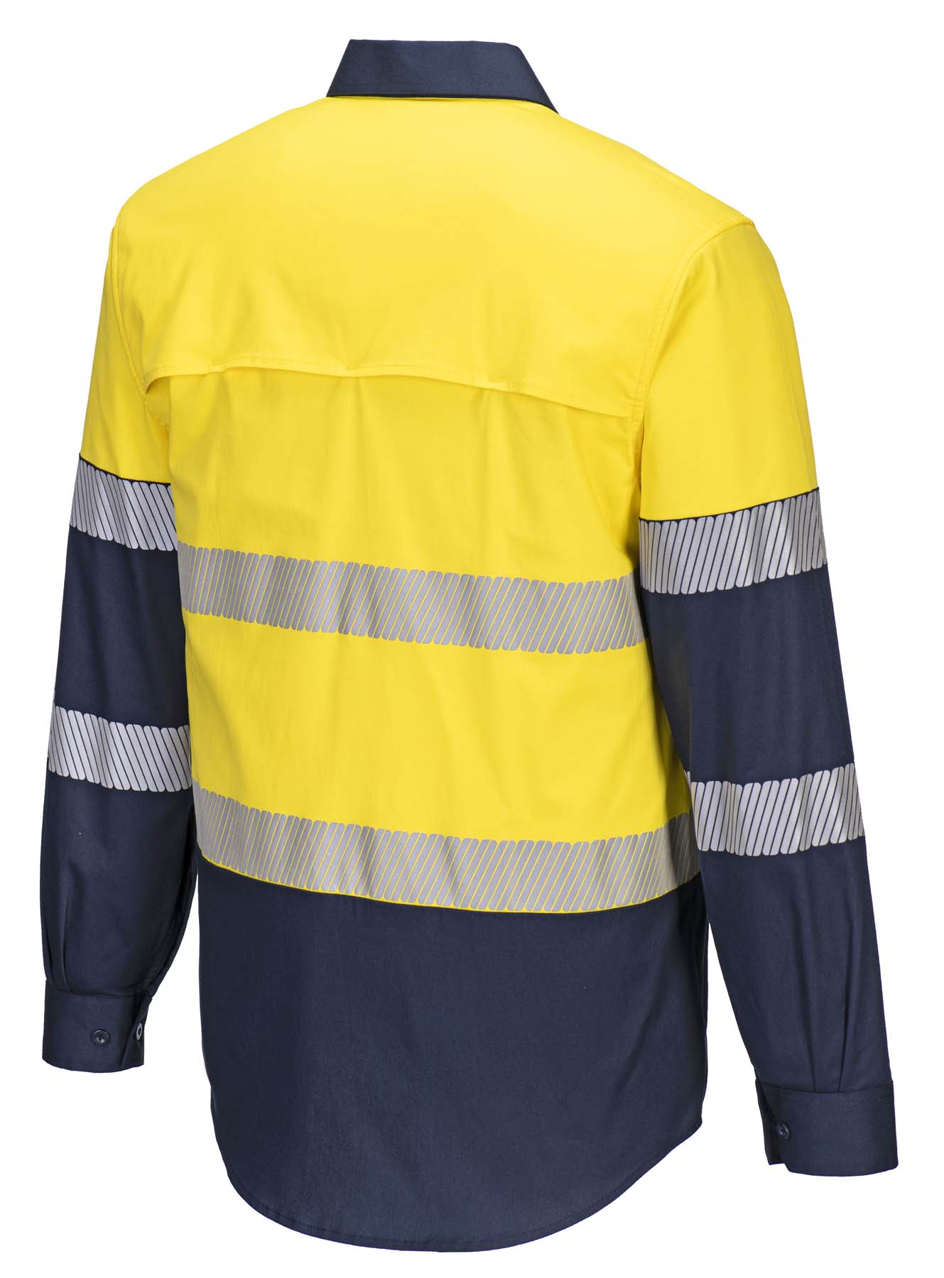 Portwest Unisex Stretch Lightweight Reflective Taped Long Sleeve Hi Vis Shirt MS105 (145 gsm Cotton) (Yellow/Navy)