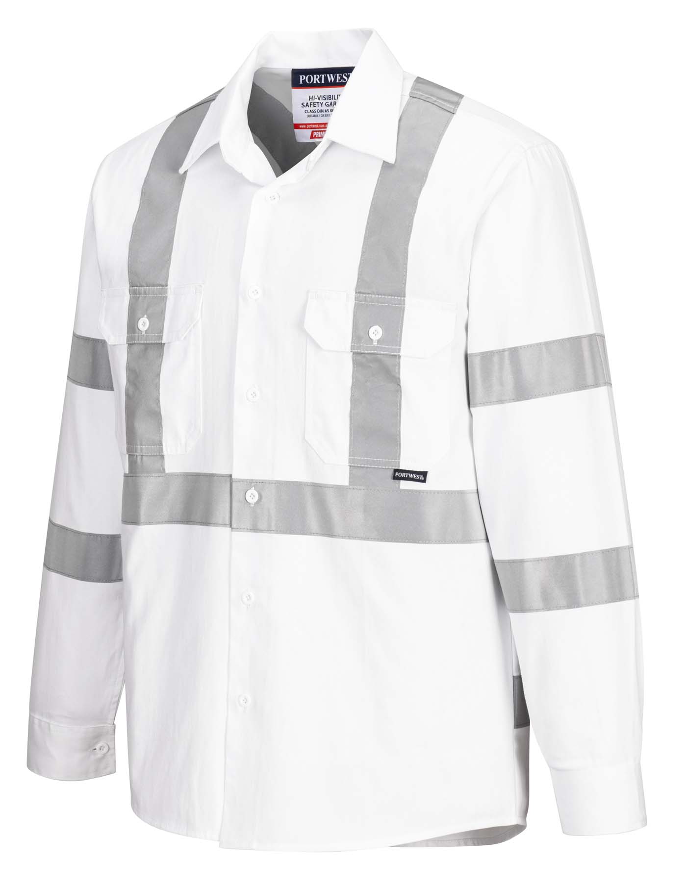 Portwest Unisex X Back Reflective Taped Long Sleeve Hi Vis Shirt MX303 (190 gsm Cotton Drill) (White)