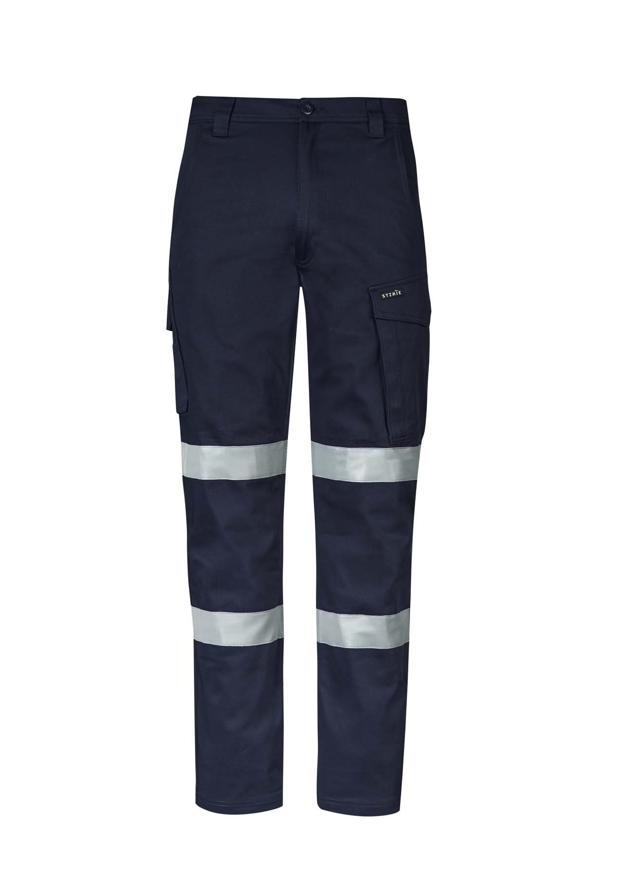 Syzmik Men's Essential Stretch Reflective BioMotion Taped Cargo Hi Vis Pants ZP923 (280 gsm Cotton) (Navy)