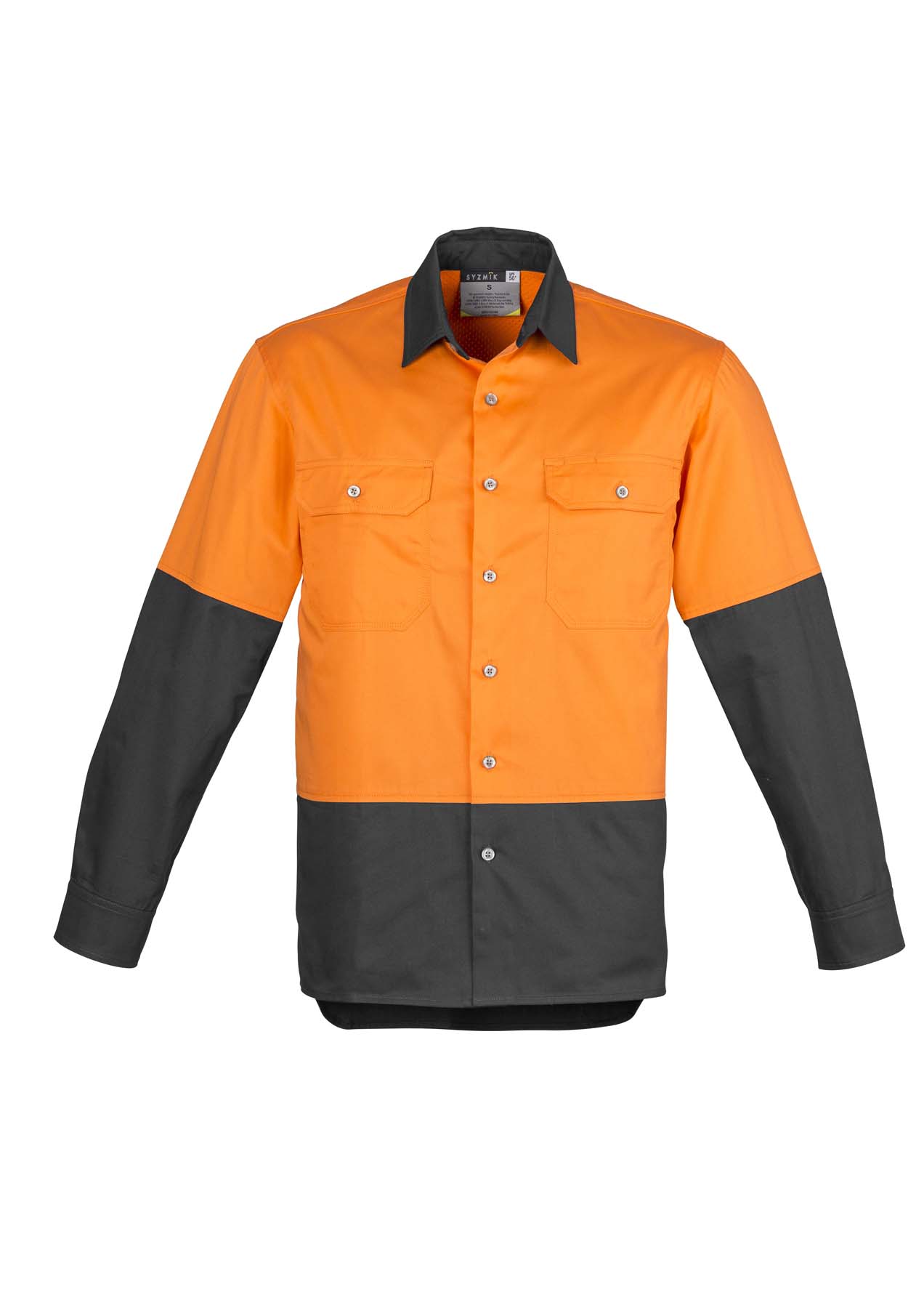 Syzmik Men's Industrial Long Sleeve Hi Vis Shirt ZW122 (170 gsm Cotton Twill) (Orange/Charcoal)
