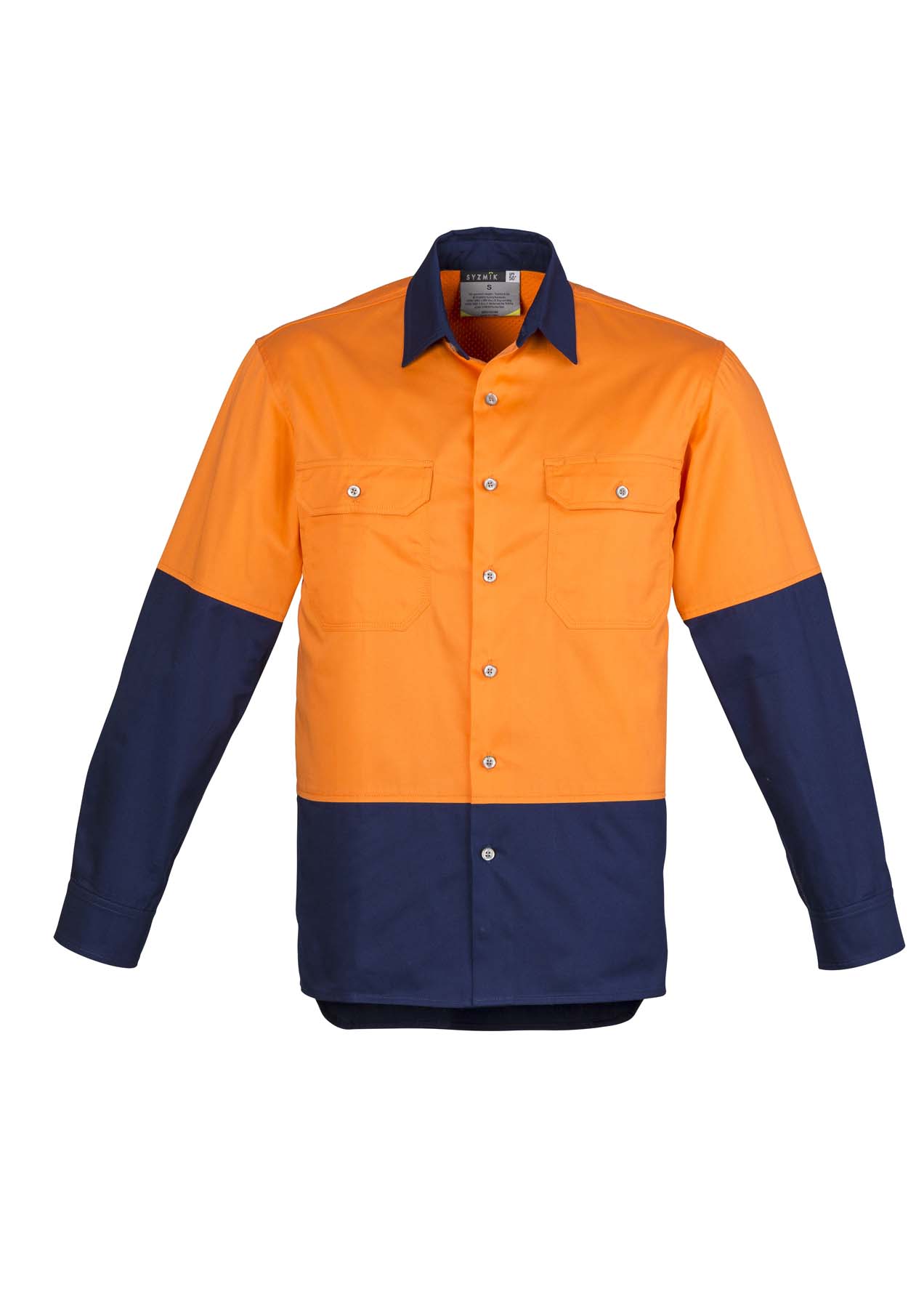 Syzmik Men's Industrial Long Sleeve Hi Vis Shirt ZW122 (170 gsm Cotton Twill) (Orange/Navy)