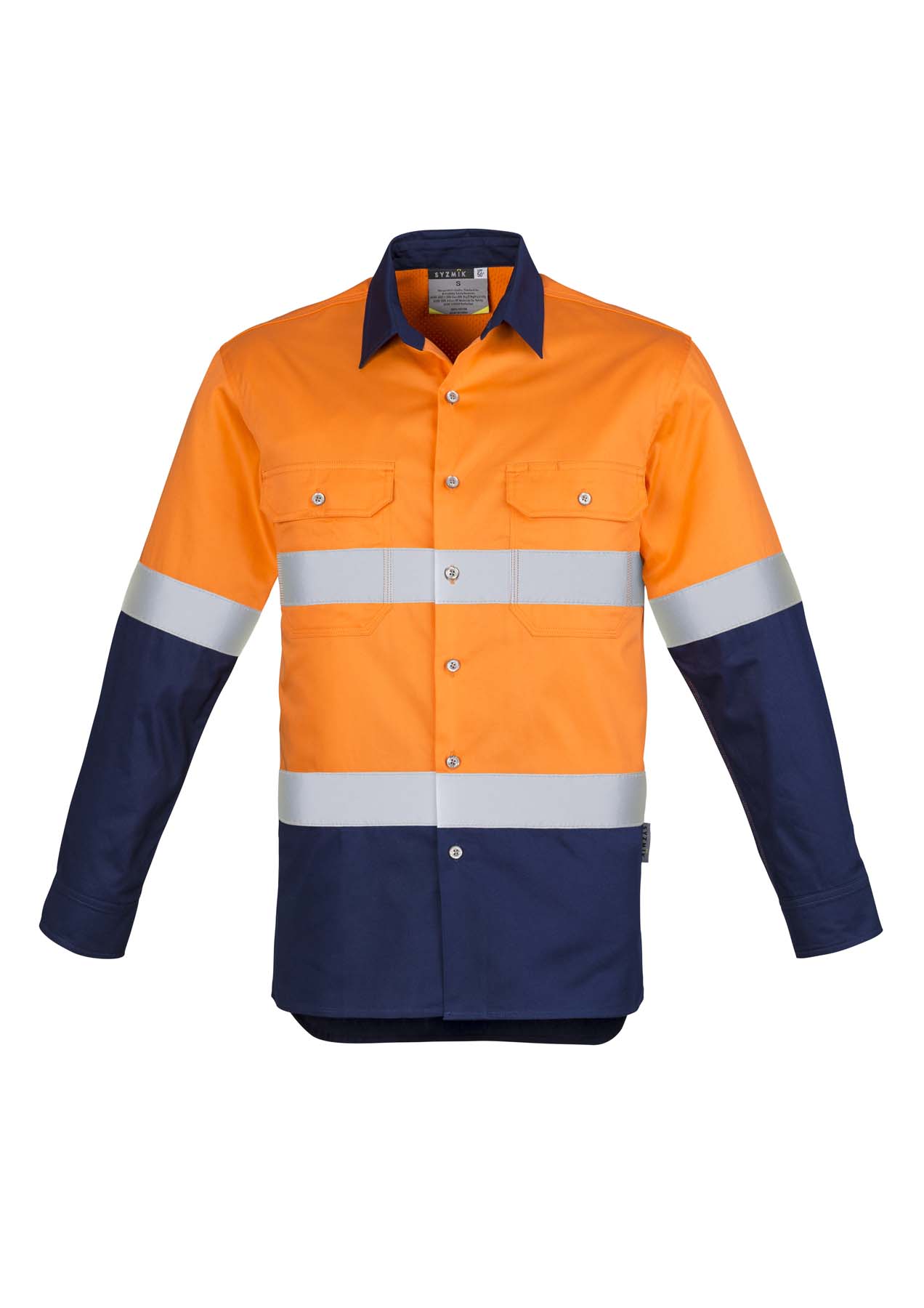 Syzmik Men's Industrial Reflective Taped Long Sleeve Hi Vis Shirt ZW123 (170 gsm Cotton Twill) (Orange/Navy)