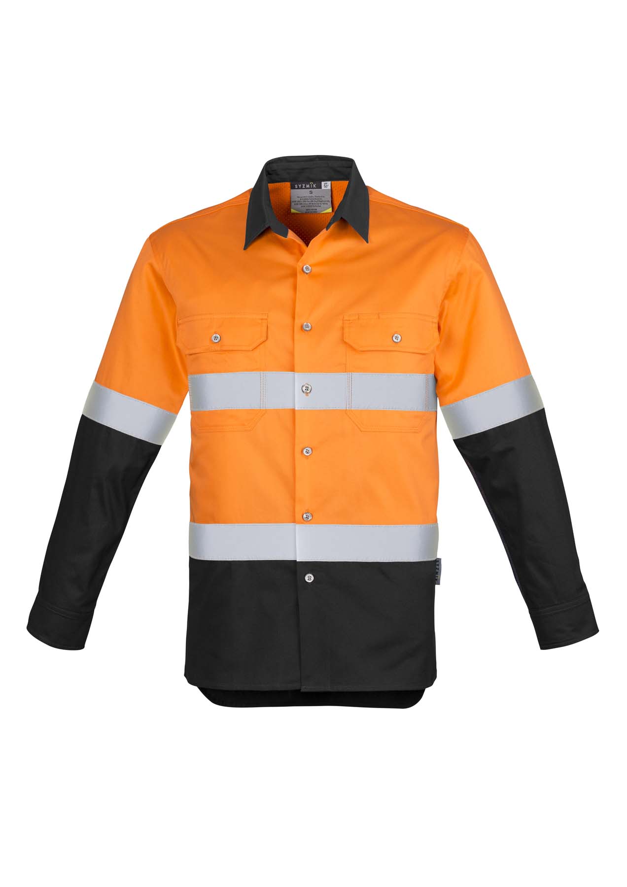 Syzmik Men's Industrial Reflective Taped Long Sleeve Hi Vis Shirt ZW123 (170 gsm Cotton Twill) (Orange/Black)
