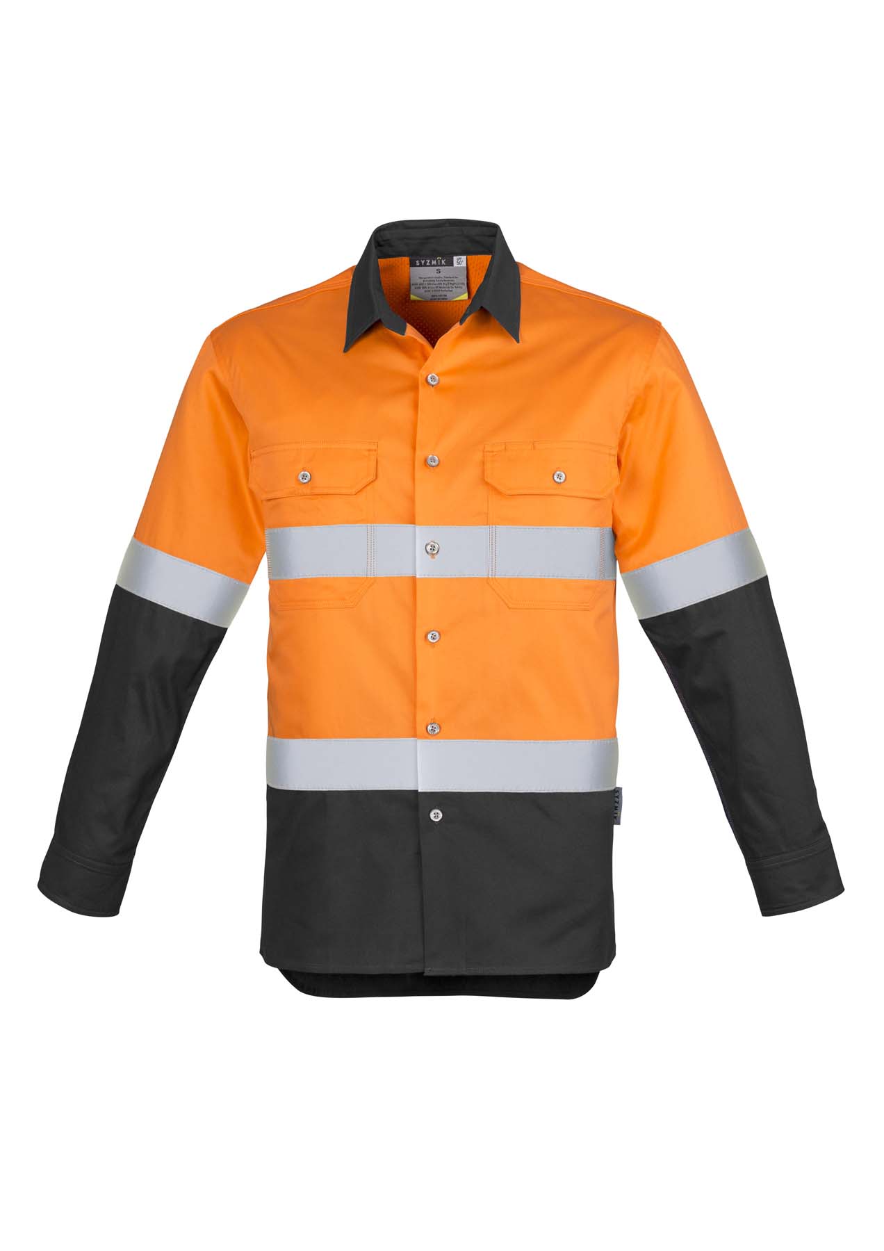 Syzmik Men's Industrial Reflective Taped Long Sleeve Hi Vis Shirt ZW123 (170 gsm Cotton Twill) (Orange/Charcoal)