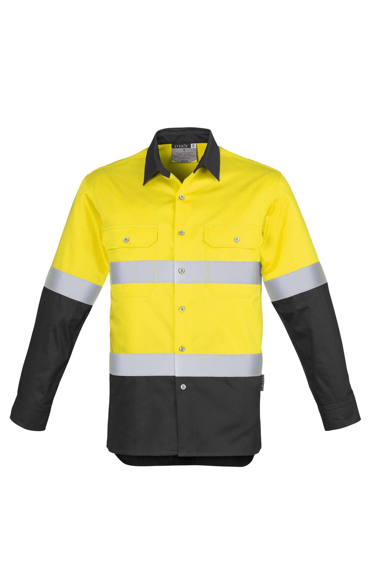 Syzmik Men's Industrial Reflective Taped Long Sleeve Hi Vis Shirt ZW123 (170 gsm Cotton Twill) (Yellow/Charcoal)