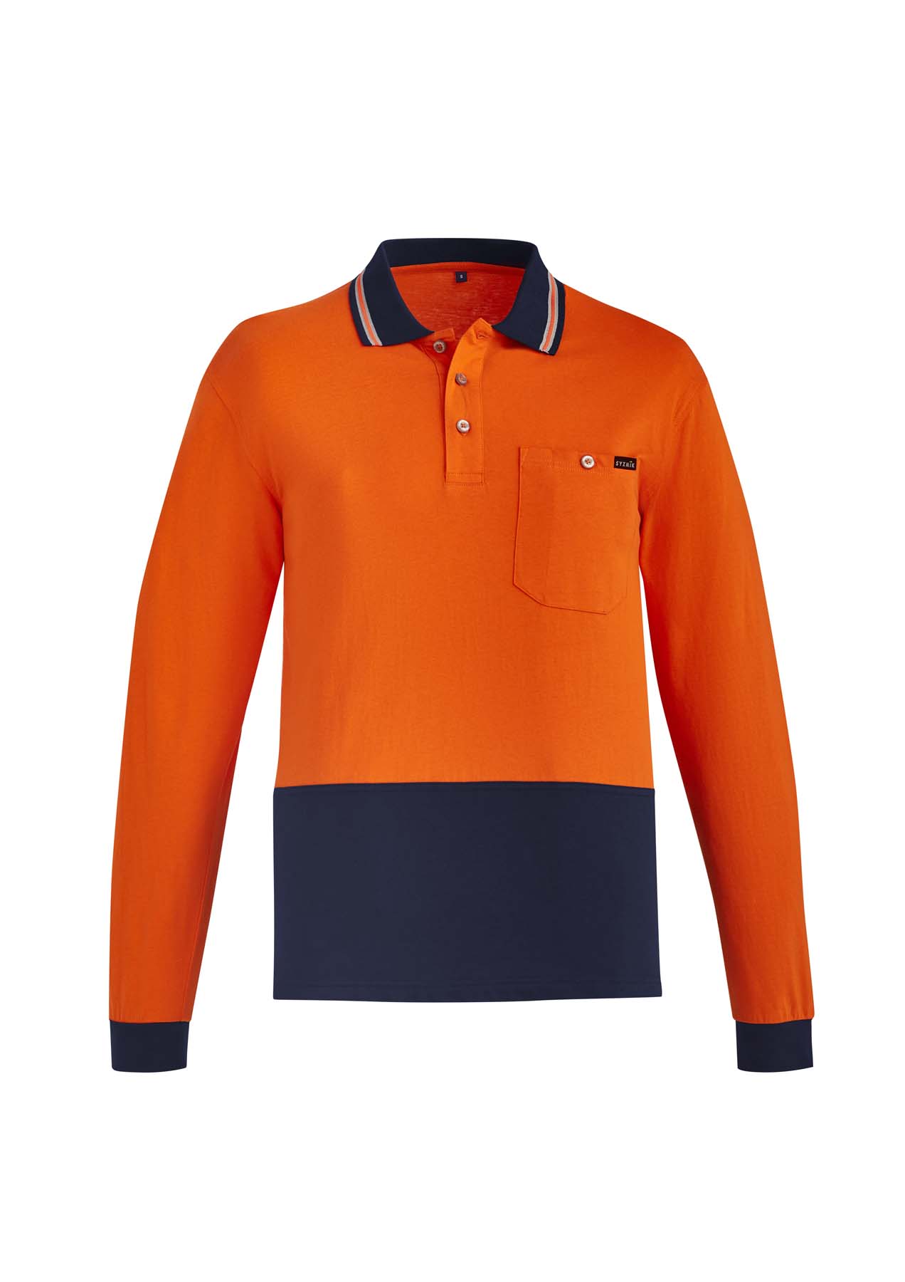 Syzmik Men's Long Sleeve Hi Vis Polo Shirt ZH430 (180 gsm Cotton) (Orange/Navy)