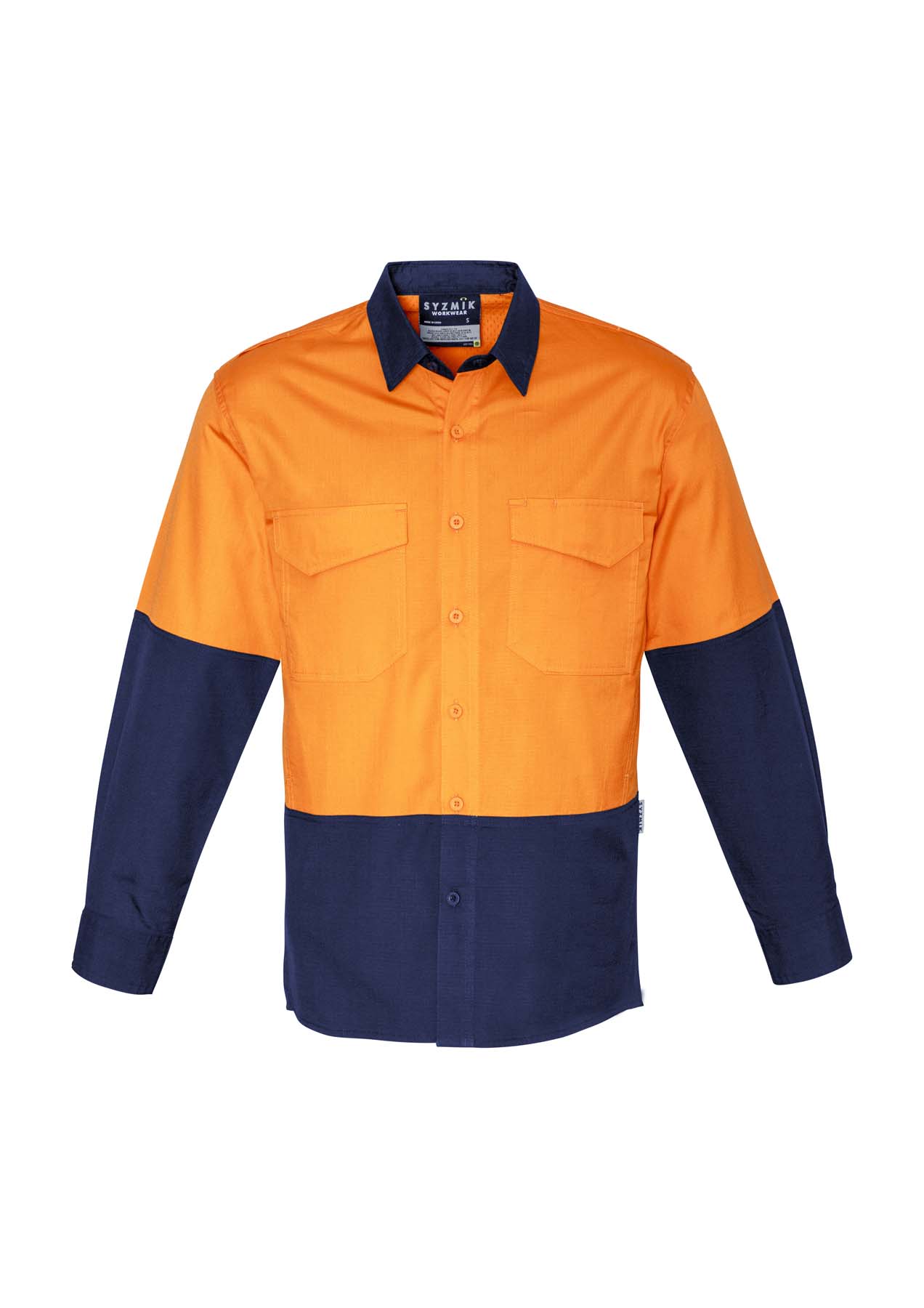 Syzmik Men's Rugged Cooling Long Sleeve Hi Vis Shirt ZW128 (145 gsm Cotton Ripstop) (Orange/Navy)