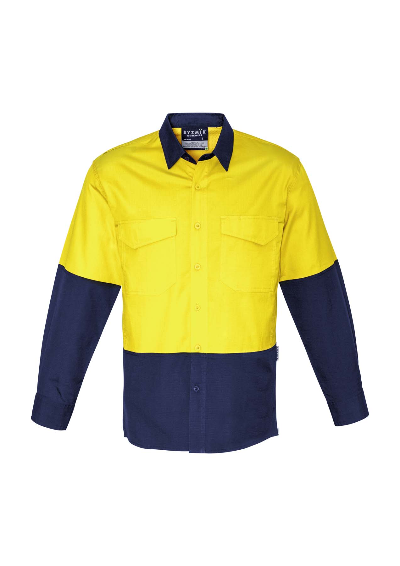 Syzmik Men's Rugged Cooling Long Sleeve Hi Vis Shirt ZW128 (145 gsm Cotton Ripstop) (Yellow/Navy)