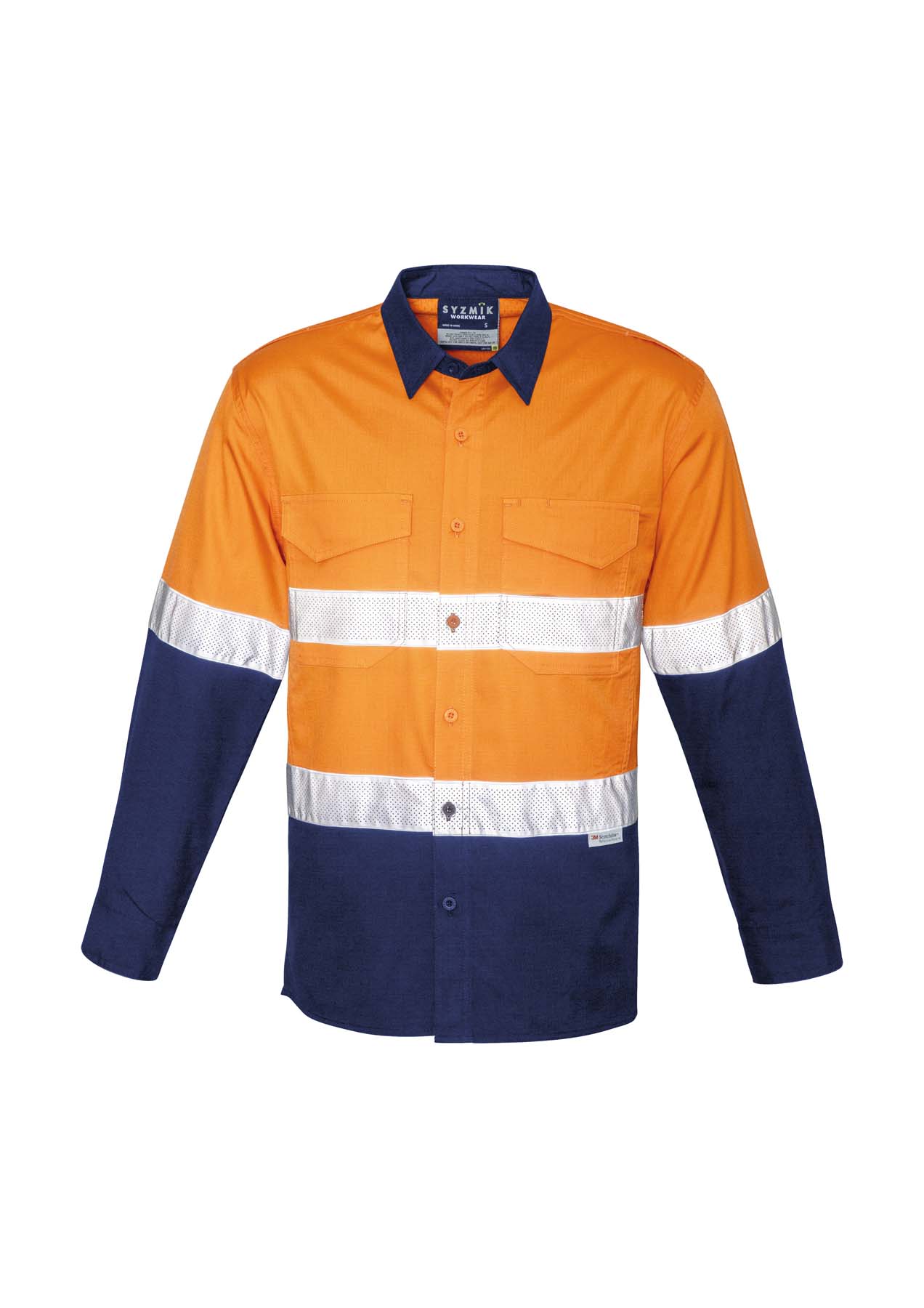 Syzmik Men's Rugged Cooling Lightweight Reflective Taped Long Sleeve Hi Vis Shirt ZW129 (145 gsm Cotton Ripstop) (Orange/Navy)