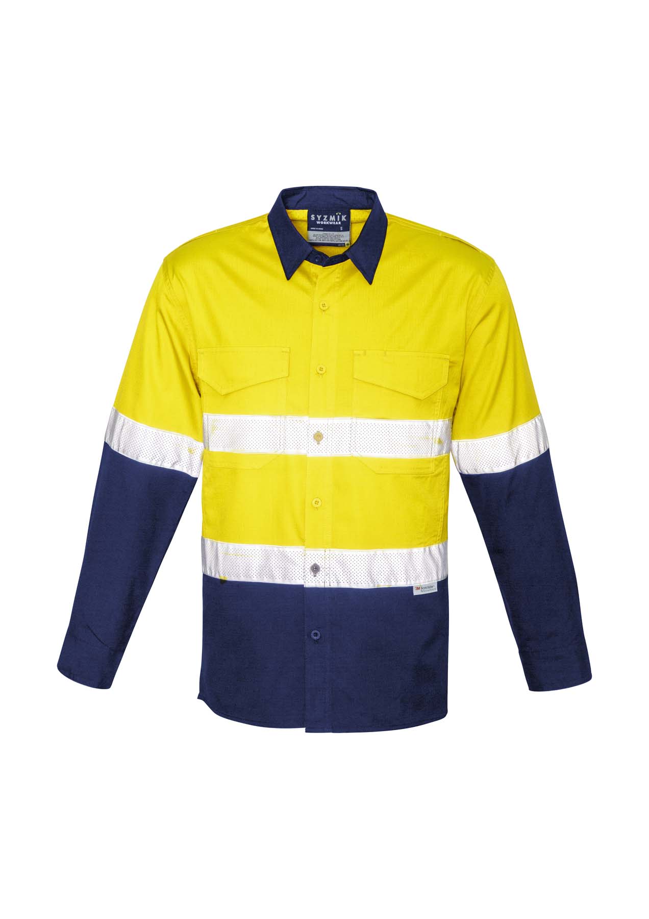 Syzmik Men's Rugged Cooling Lightweight Reflective Taped Long Sleeve Hi Vis Shirt ZW129 (145 gsm Cotton Ripstop) (Yellow/Navy)