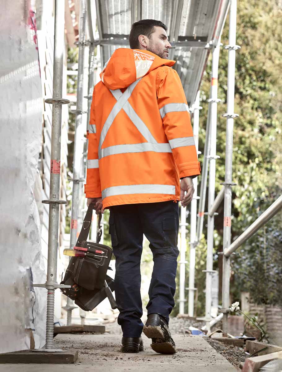 Syzmik Men's X Back Reflective Taped Hi Vis Waterproof Jacket ZJ616 (Orange/Navy)