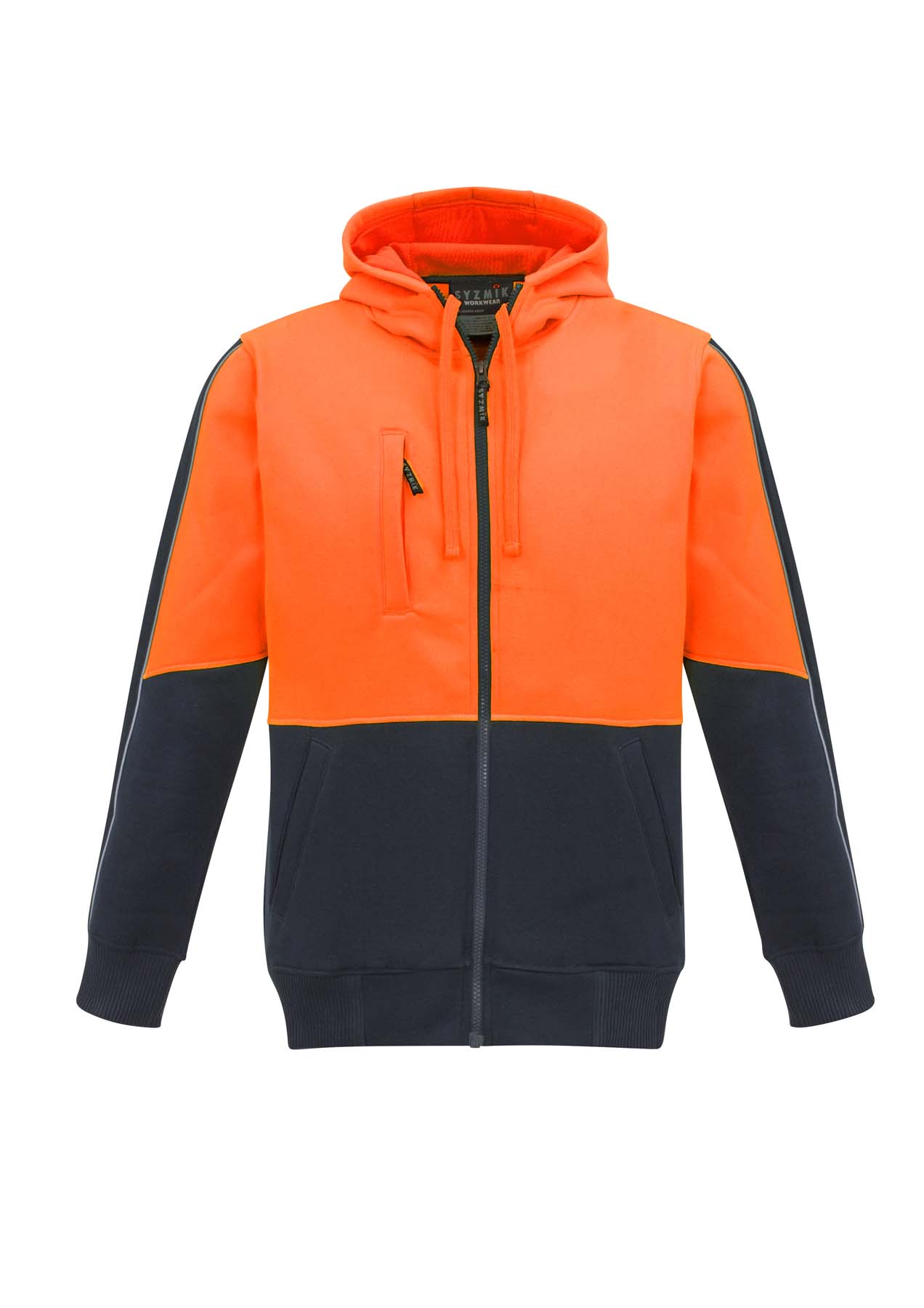 Syzmik Unisex Full Zip Hi Vis Hoodie ZT485 (320 gsm Polyester Fleece) (Orange/Navy)
