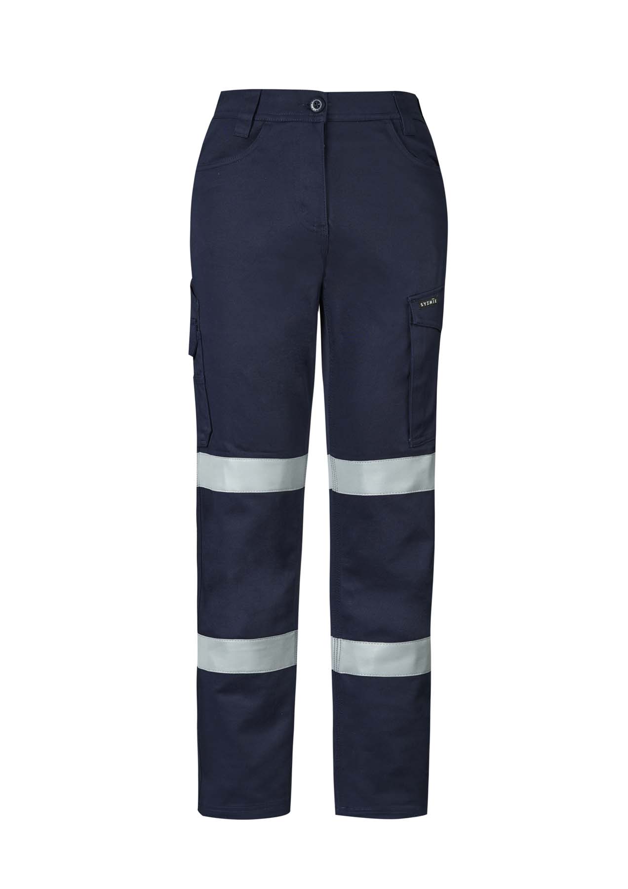 Syzmik Women's Essential Stretch Reflective BioMotion Taped Cargo Hi Vis Pants ZP733 (280 gsm Cotton) (Navy)