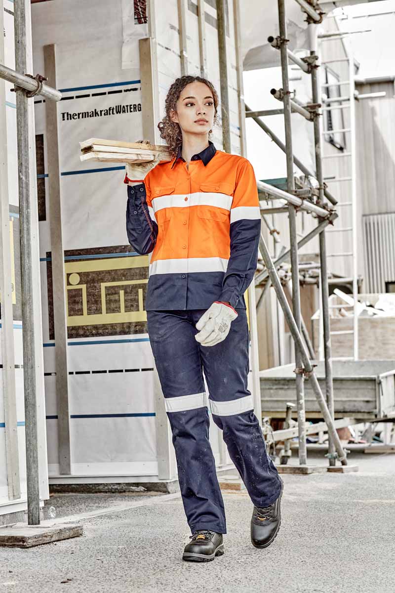 Syzmik Women's Industrial Reflective Taped Long Sleeve Hi Vis Shirt ZWL123 (170 gsm Cotton Twill) (Yellow/Navy)