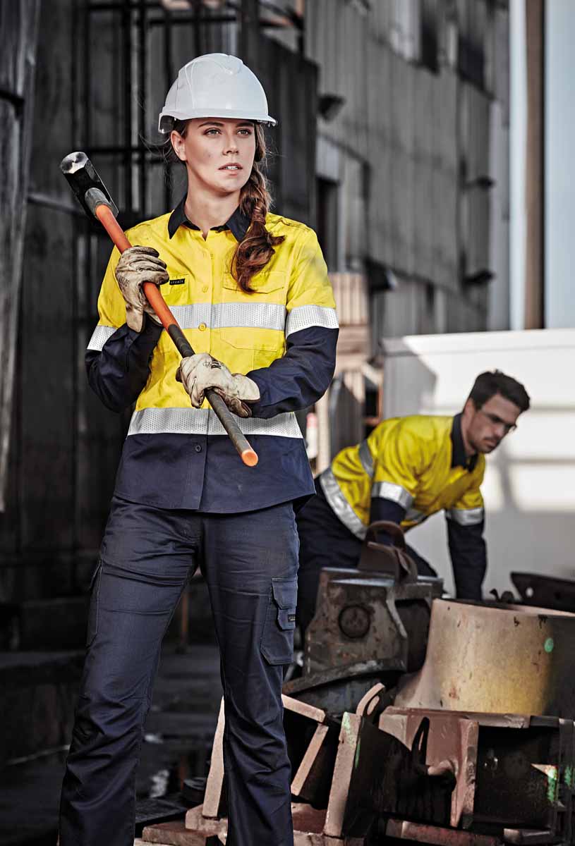 Syzmik Women's Rugged Cooling Lightweight Reflective Taped Long Sleeve Hi Vis Shirt ZW720 (145 gsm Cotton Ripstop) (Orange/Navy)