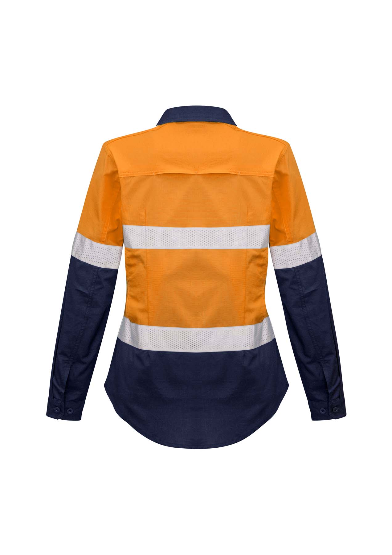 Syzmik Women's Rugged Cooling Lightweight Reflective Taped Long Sleeve Hi Vis Shirt ZW720 (145 gsm Cotton Ripstop) (Orange/Navy)