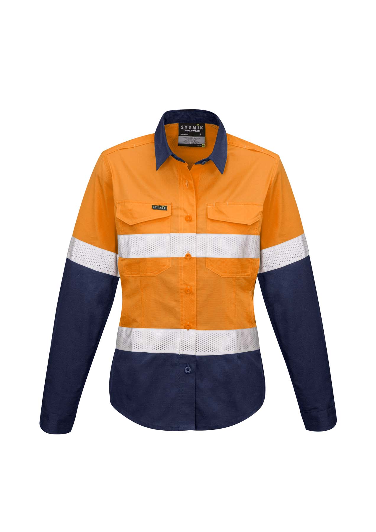 Syzmik Women's Rugged Cooling Lightweight Reflective Taped Long Sleeve Hi Vis Shirt ZW720 (145 gsm Cotton Ripstop) (Orange/Navy)