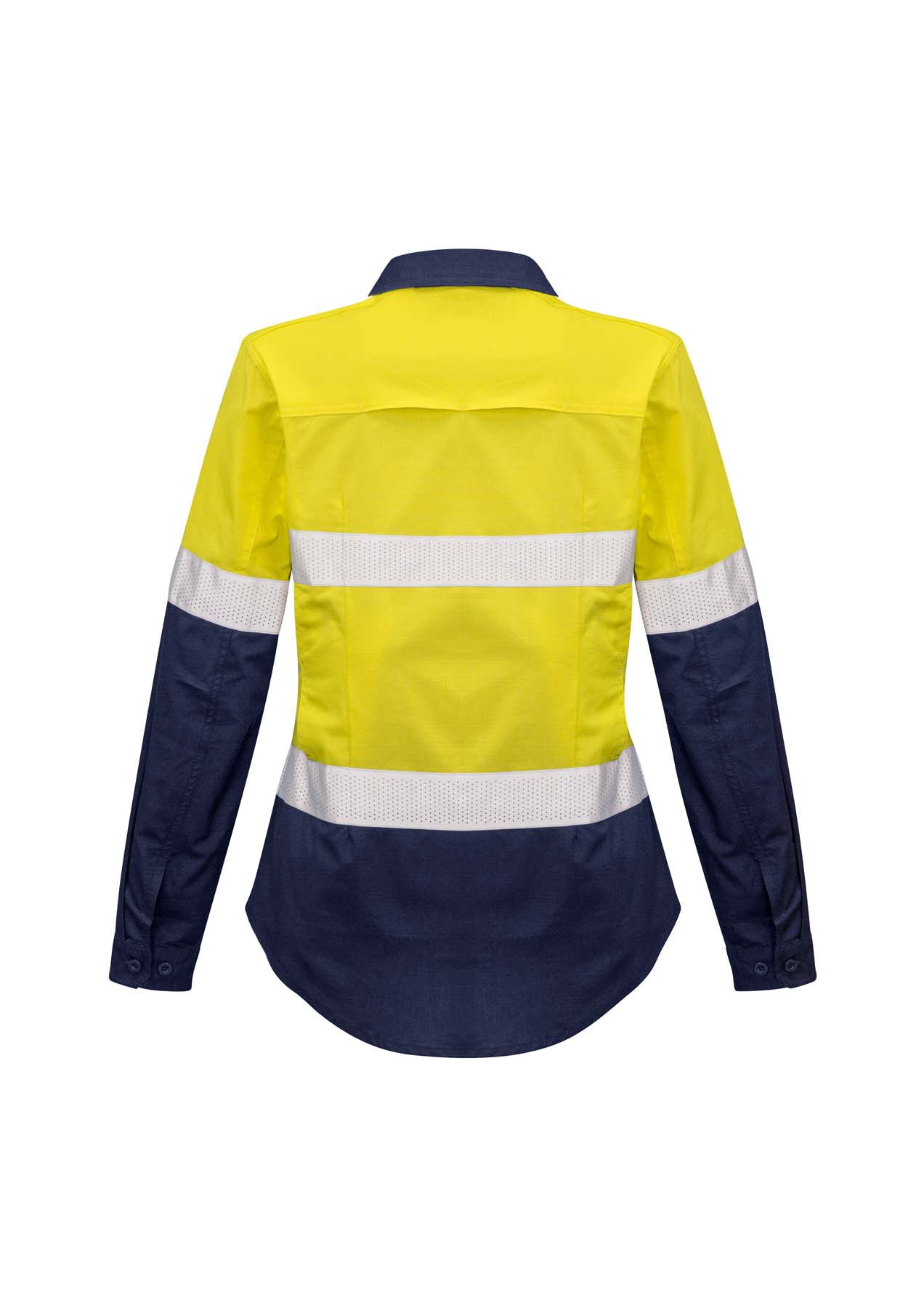 Syzmik Women's Rugged Cooling Lightweight Reflective Taped Long Sleeve Hi Vis Shirt ZW720 (145 gsm Cotton Ripstop) (Yellow/Navy)