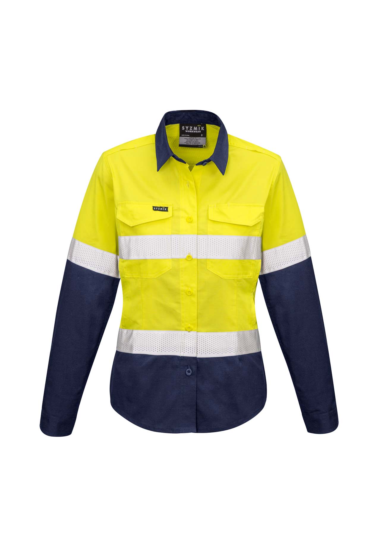 Syzmik Women's Rugged Cooling Lightweight Reflective Taped Long Sleeve Hi Vis Shirt ZW720 (145 gsm Cotton Ripstop) (Yellow/Navy)